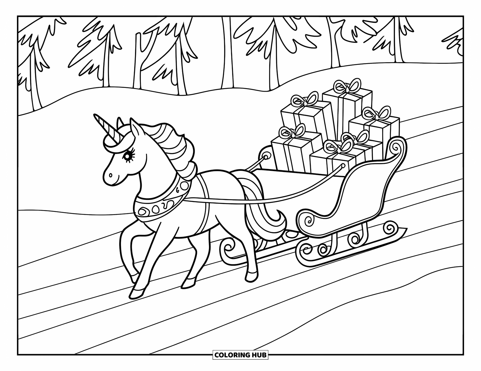 Christmas Unicorn Coloring Page for Kids: A unicorn with a pink mane pulls a sleigh filled with wrapped presents