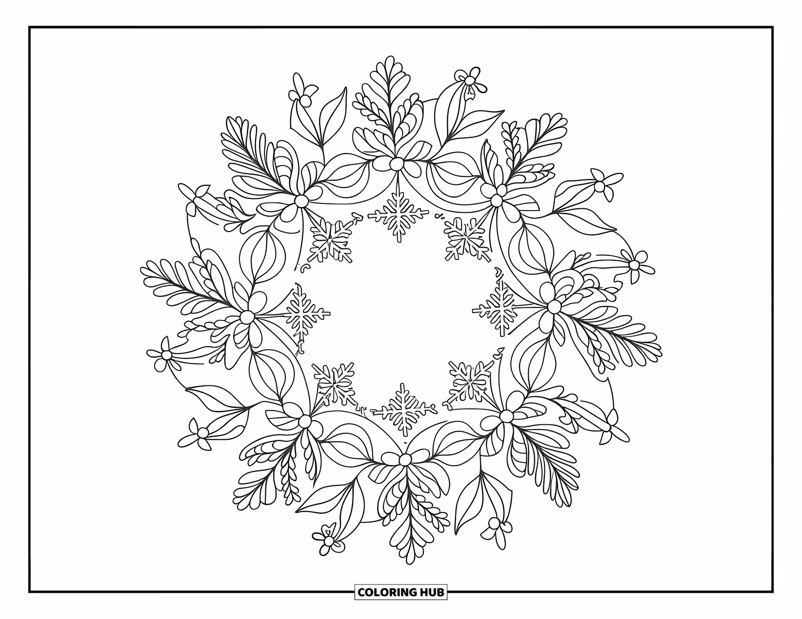 Christmas Wreath Coloring Page for Adults: A botanical mandala wreath is filled with detailed snowflakes on a white background