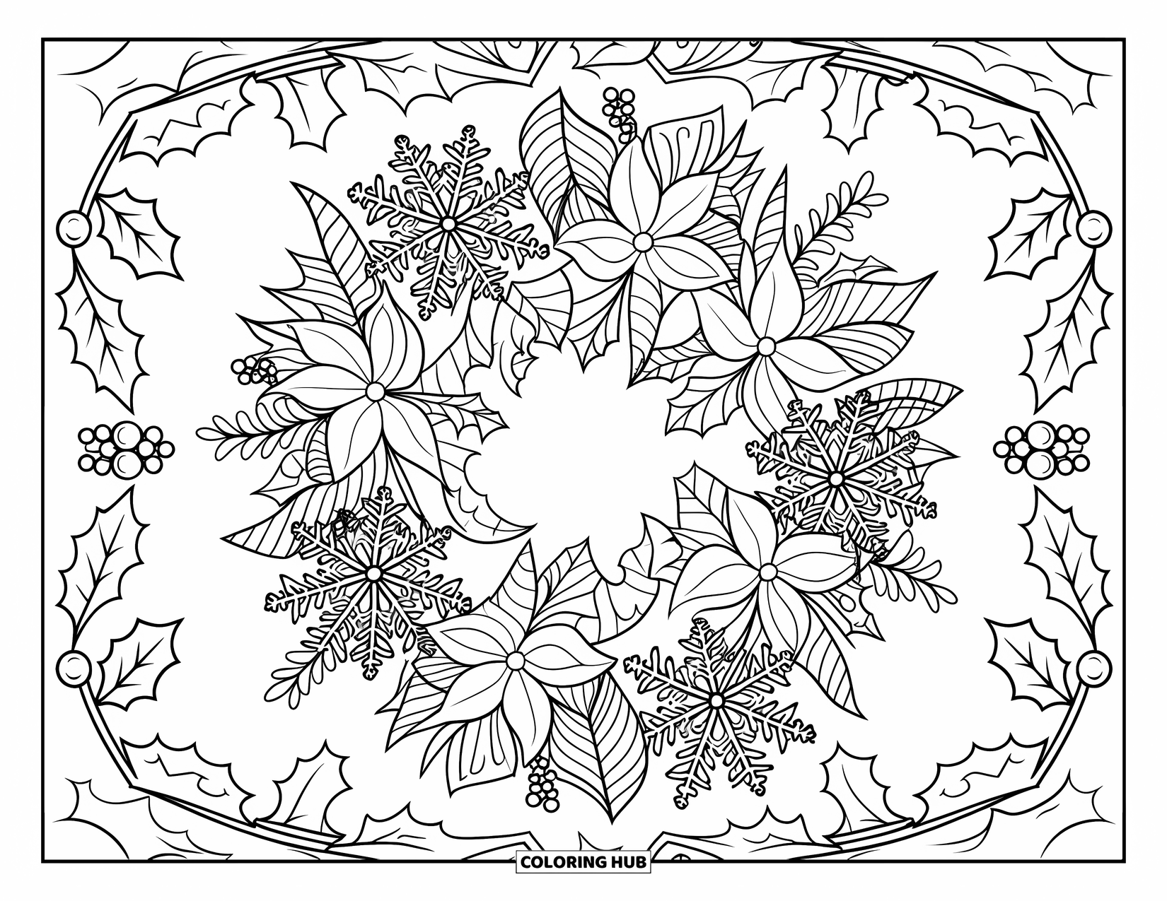 Christmas Wreath Coloring Page for Adults: A botanical mandala wreath mixes leaves, flowers, holly, and snowflakes in bold outlines