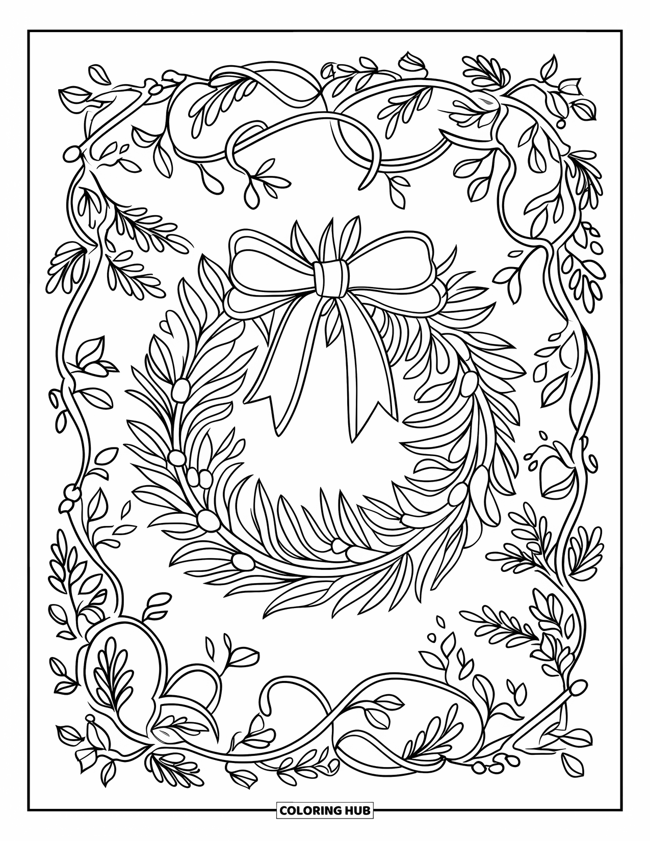 Christmas Wreath Coloring Page for Adults: A Christmas wreath is framed by ornate swirling vines, leaves, and berries