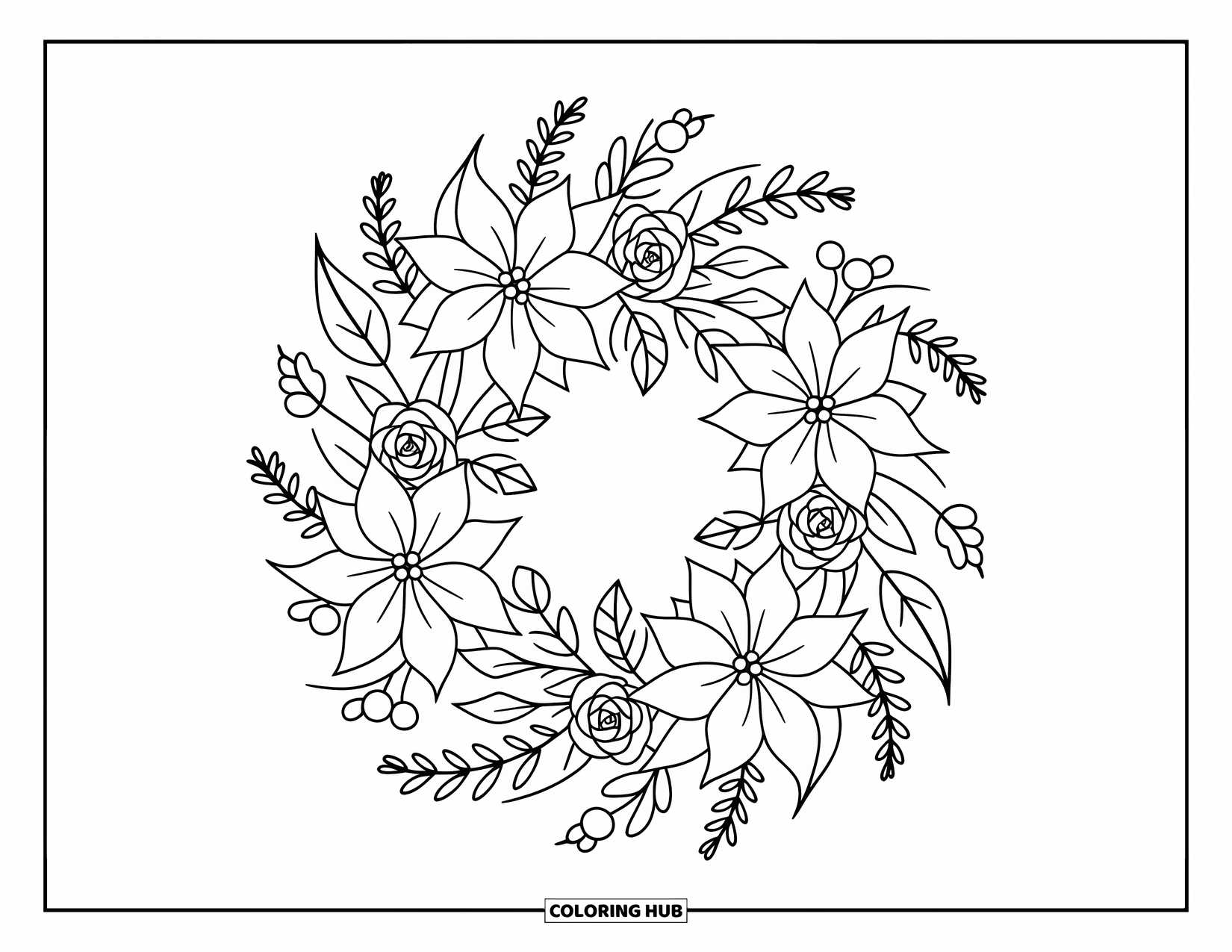 Christmas Wreath Coloring Page for Adults: A Christmas wreath of poinsettias, roses, and mistletoe glows with snowflakes and ribbons