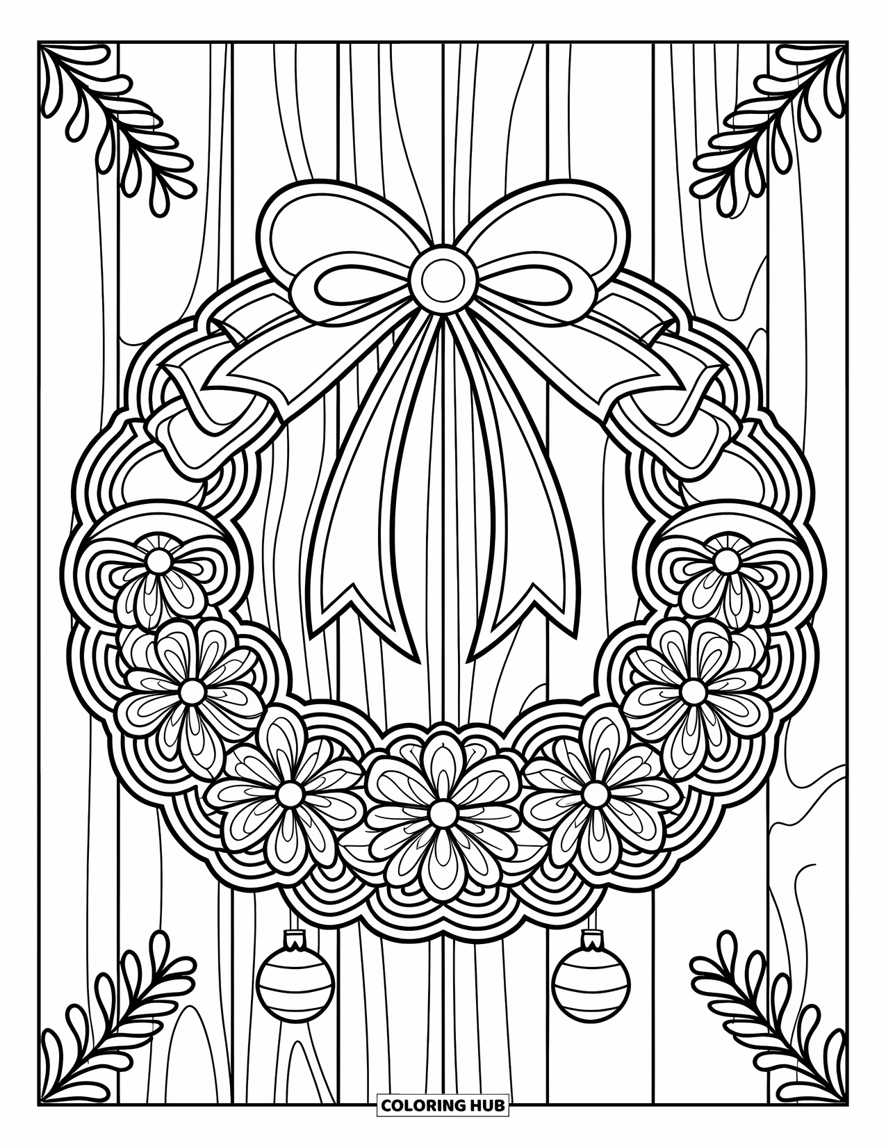 Christmas Wreath Coloring Page for Adults: A decorated wreath with mandalas and ribbons rests on a wooden wall