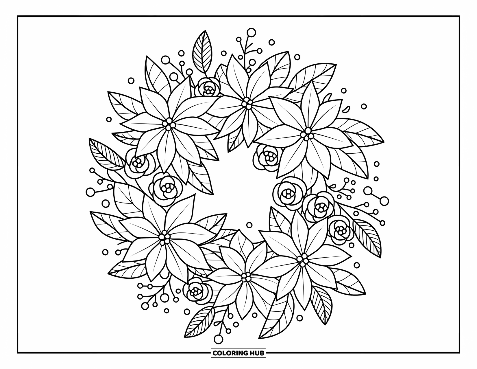 Christmas Wreath Coloring Page for Adults: A floral wreath of poinsettias, roses, and mistletoe is tied with ribbons