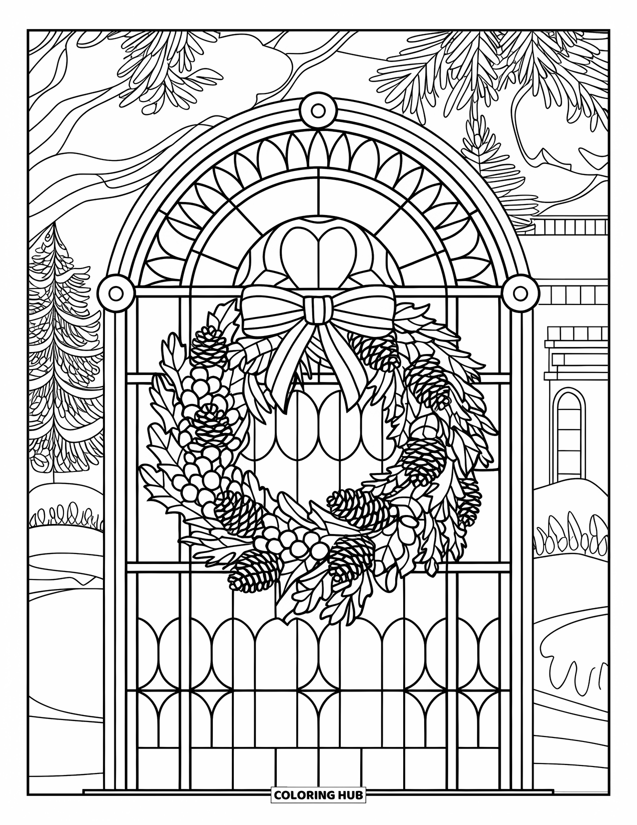 Christmas Wreath Coloring Page for Adults: A holly wreath decorates a stained glass arch with snowy trees behind