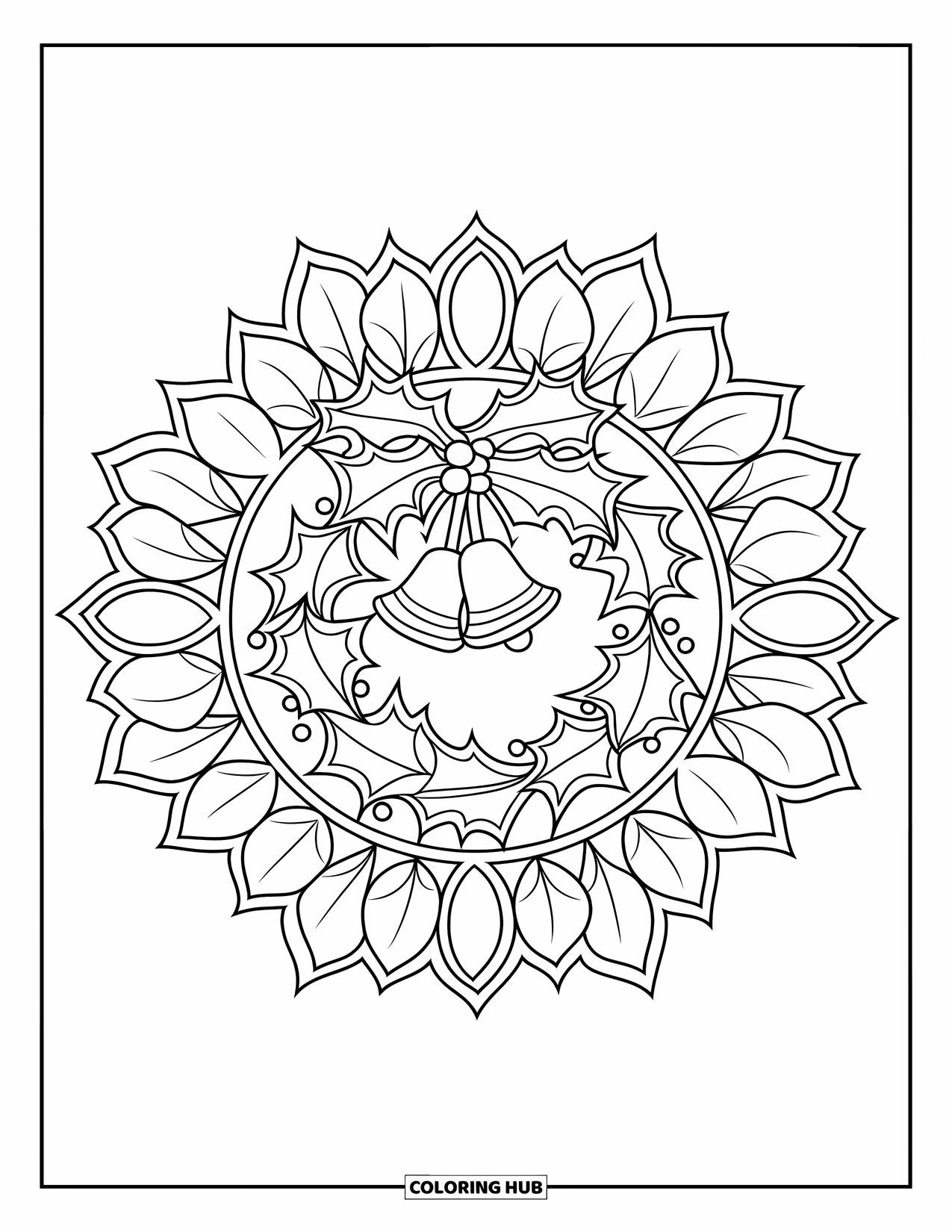 Christmas Wreath Coloring Page for Adults: A holly wreath framed by radial leaf and petal mandalas on white