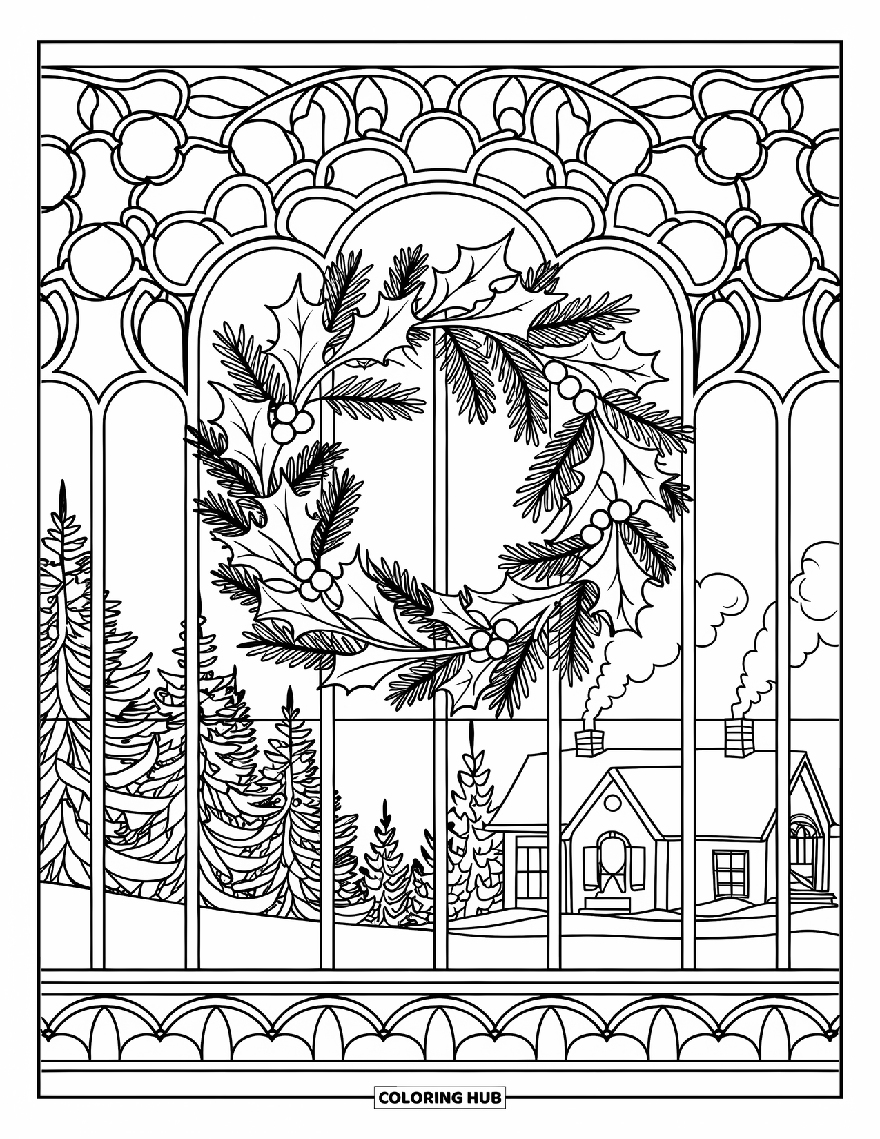 Christmas Wreath Coloring Page for Adults: A holly wreath is centered in a stained glass window with snow outside
