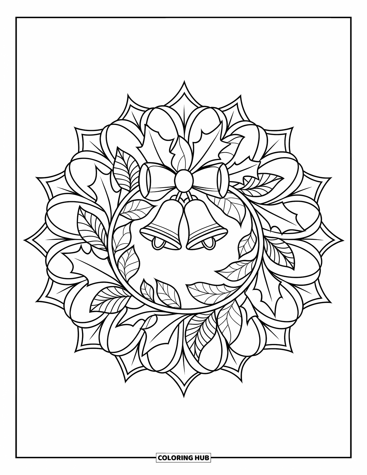Christmas Wreath Coloring Page for Adults: A holly wreath with bells is encircled by petal mandala layers