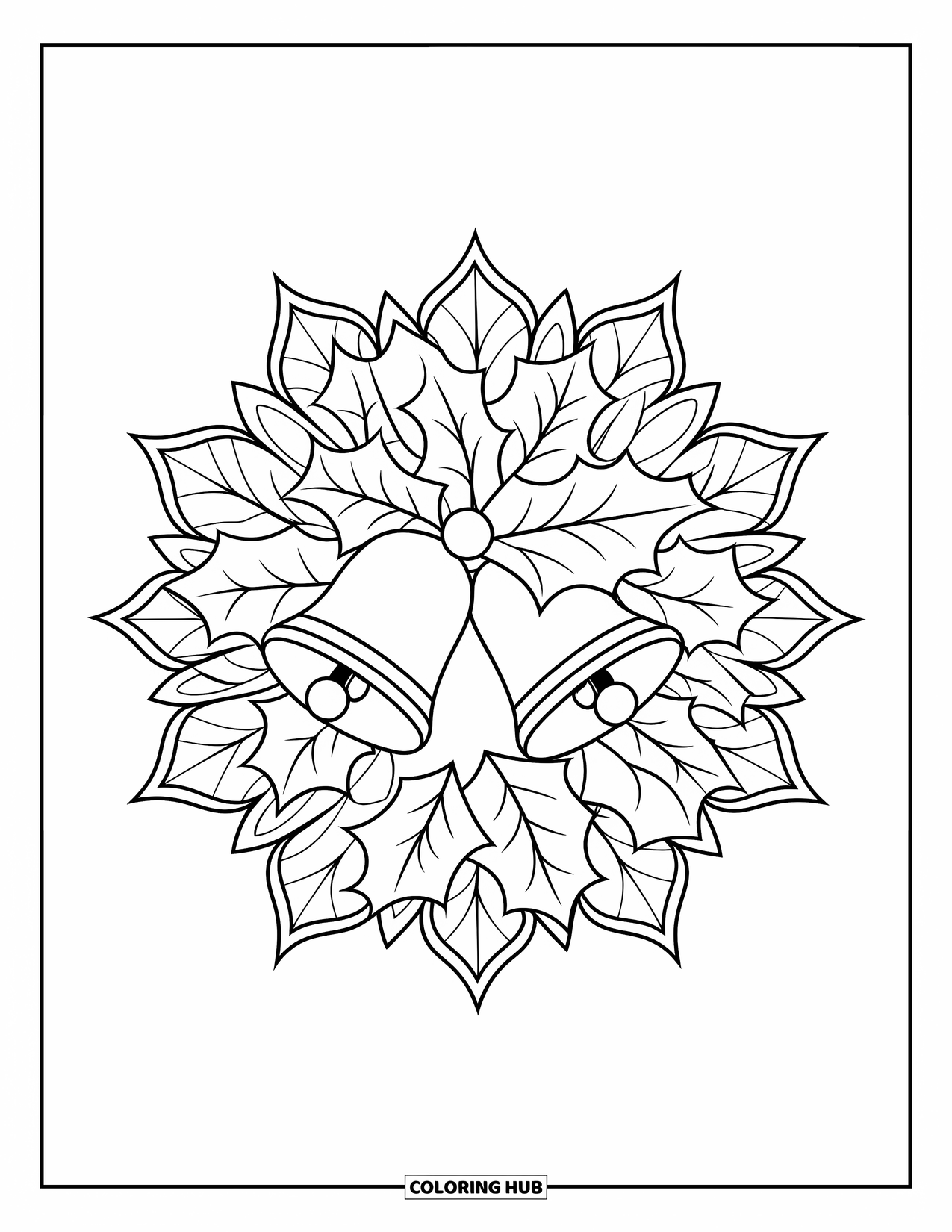 Christmas Wreath Coloring Page for Adults: A holly wreath with bells is framed by mandala petals and leaves