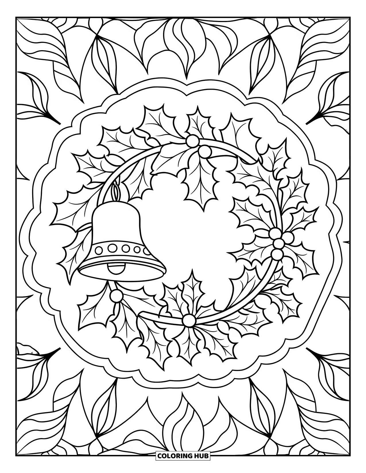 Christmas Wreath Coloring Page for Adults: A holly wreath with bells sits at the center of a mandala