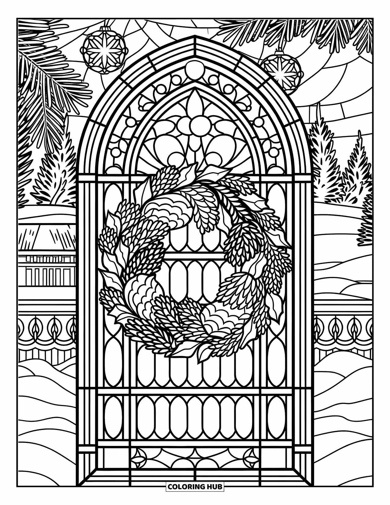 Christmas Wreath Coloring Page for Adults: A layered pinecone and holly wreath rests in a detailed stained glass arch