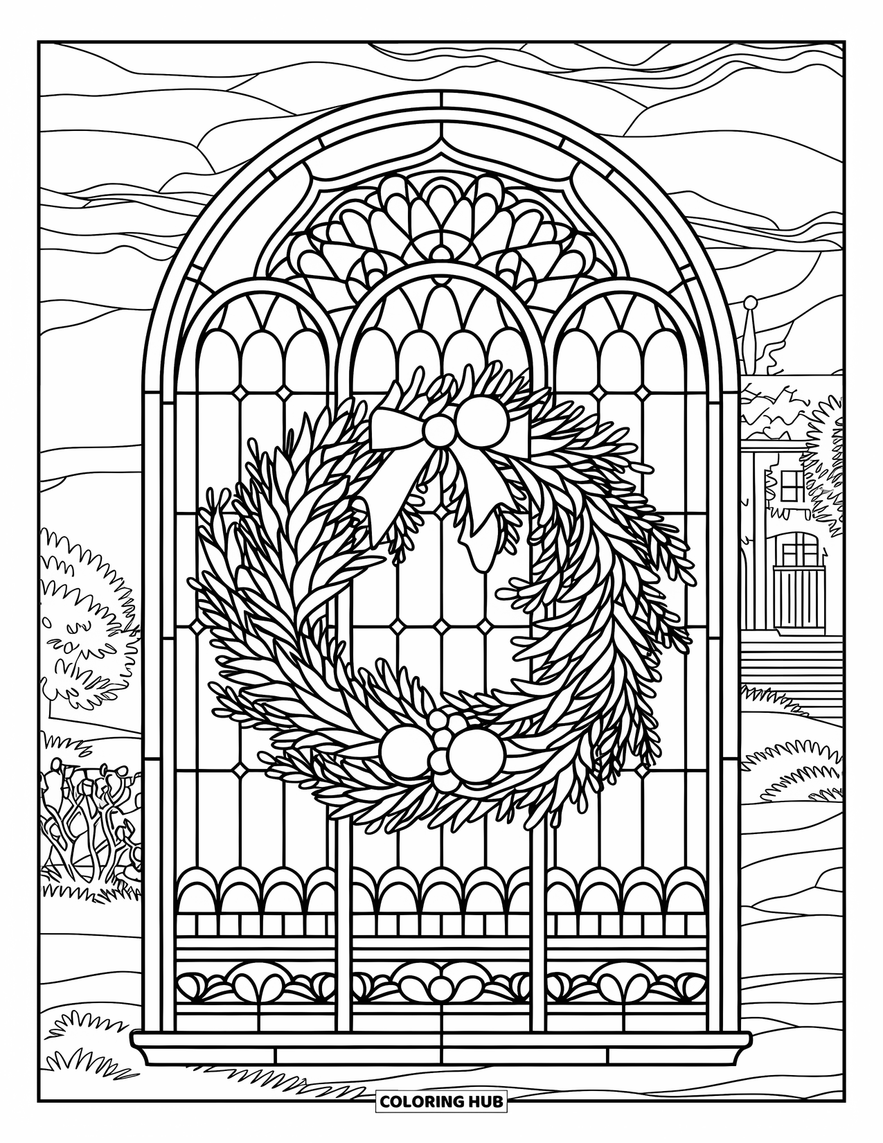 Christmas Wreath Coloring Page for Adults: A pine and holly wreath fills a stained glass window with snowy trees