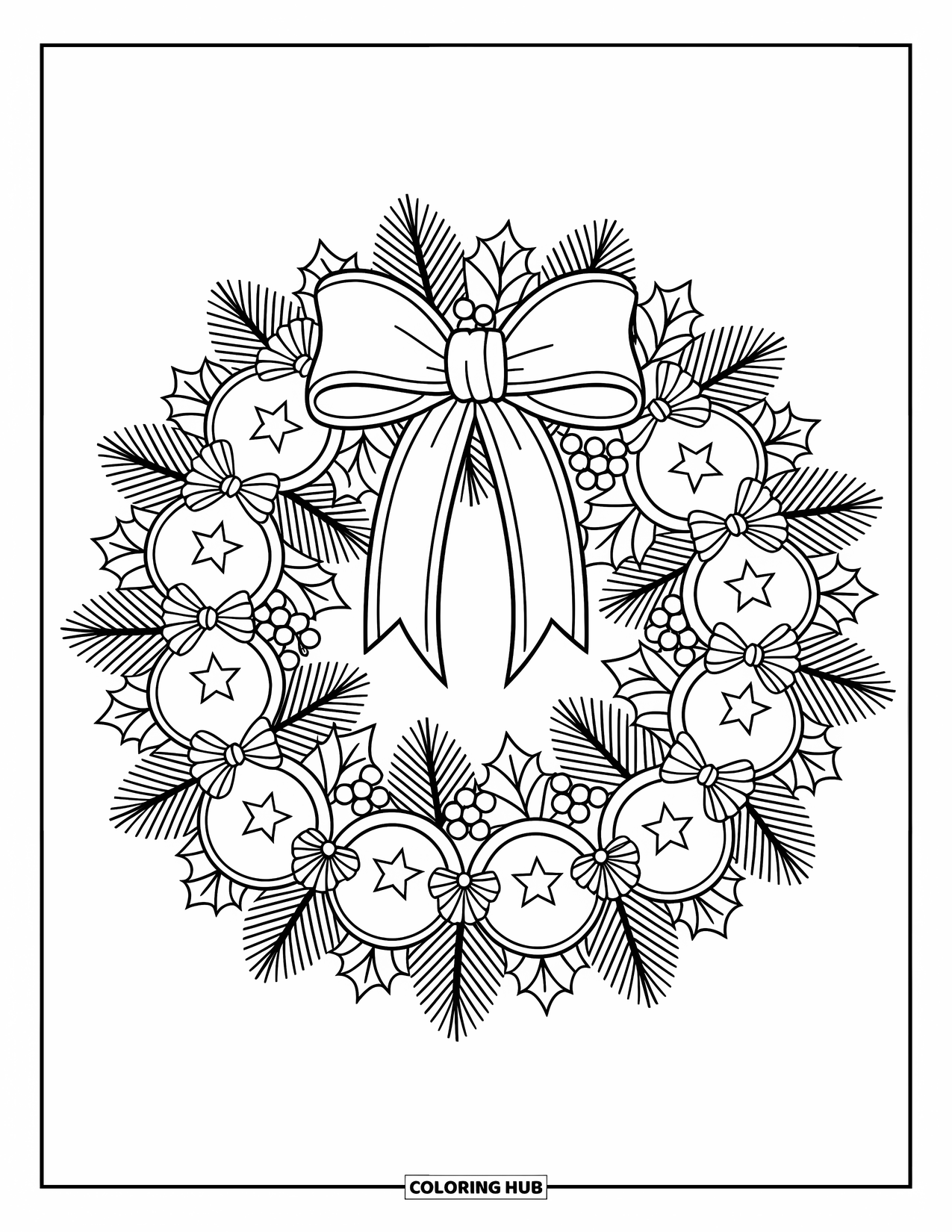 Christmas Wreath Coloring Page for Adults: A pine wreath sparkles with bows, bells, pinecones, and clusters of berries