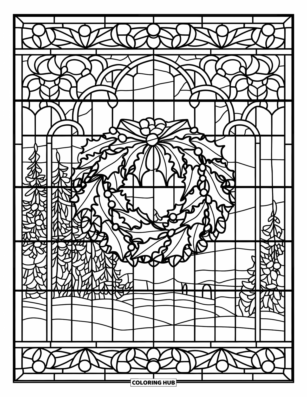 Christmas Wreath Coloring Page for Adults: A stained glass frame holds a holly wreath above snowy trees and a home