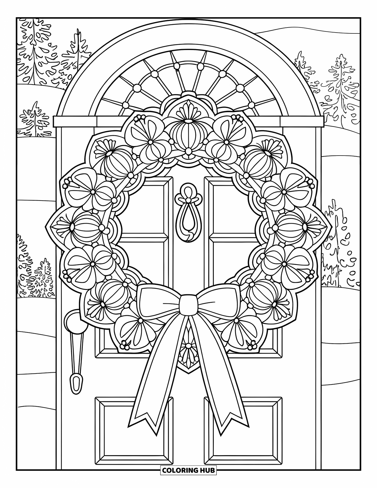 Christmas Wreath Coloring Page for Adults: A traditional wreath with ribbons and mandalas hangs on a snowy door