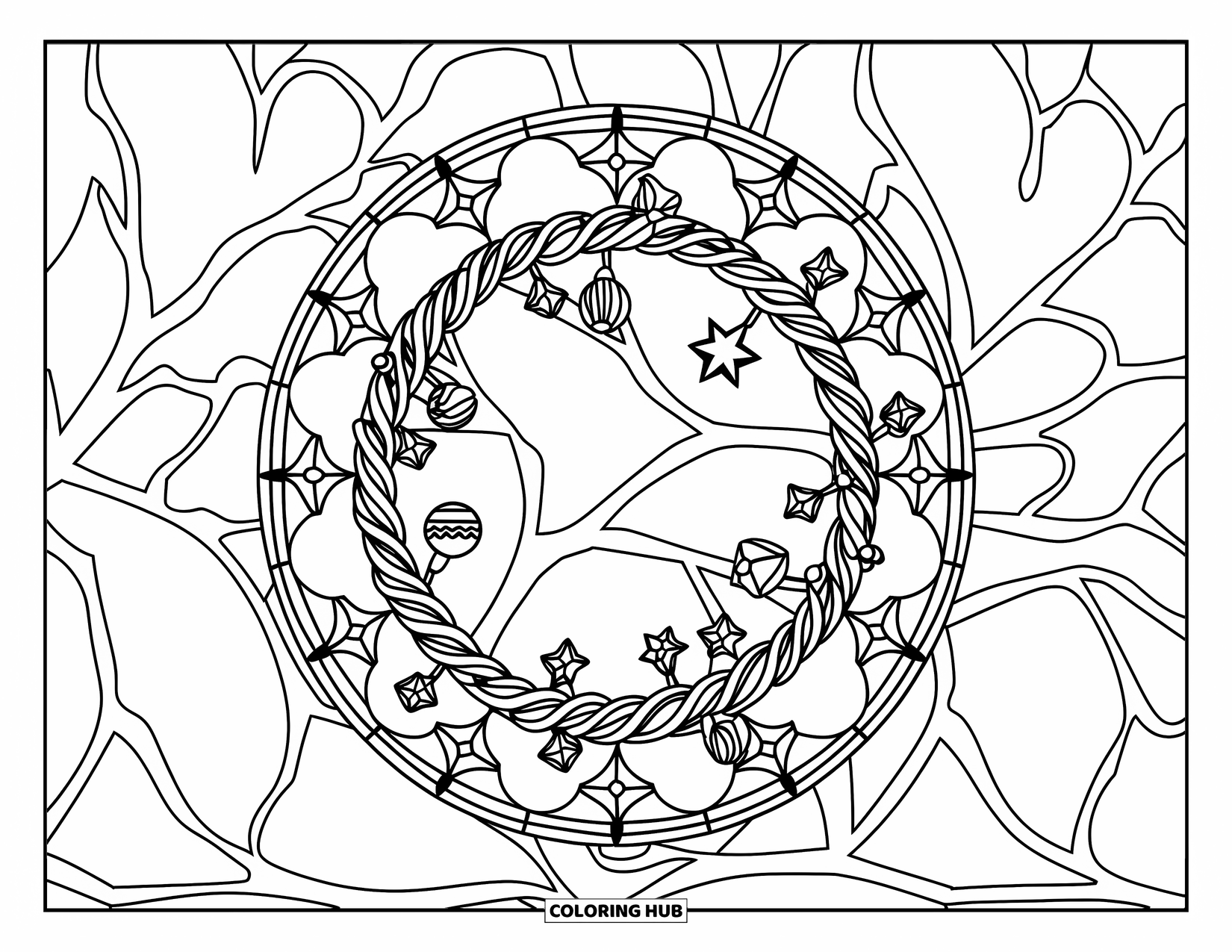 Christmas Wreath Coloring Page for Adults: A twisted wire wreath with ornaments glows inside a stained glass star frame