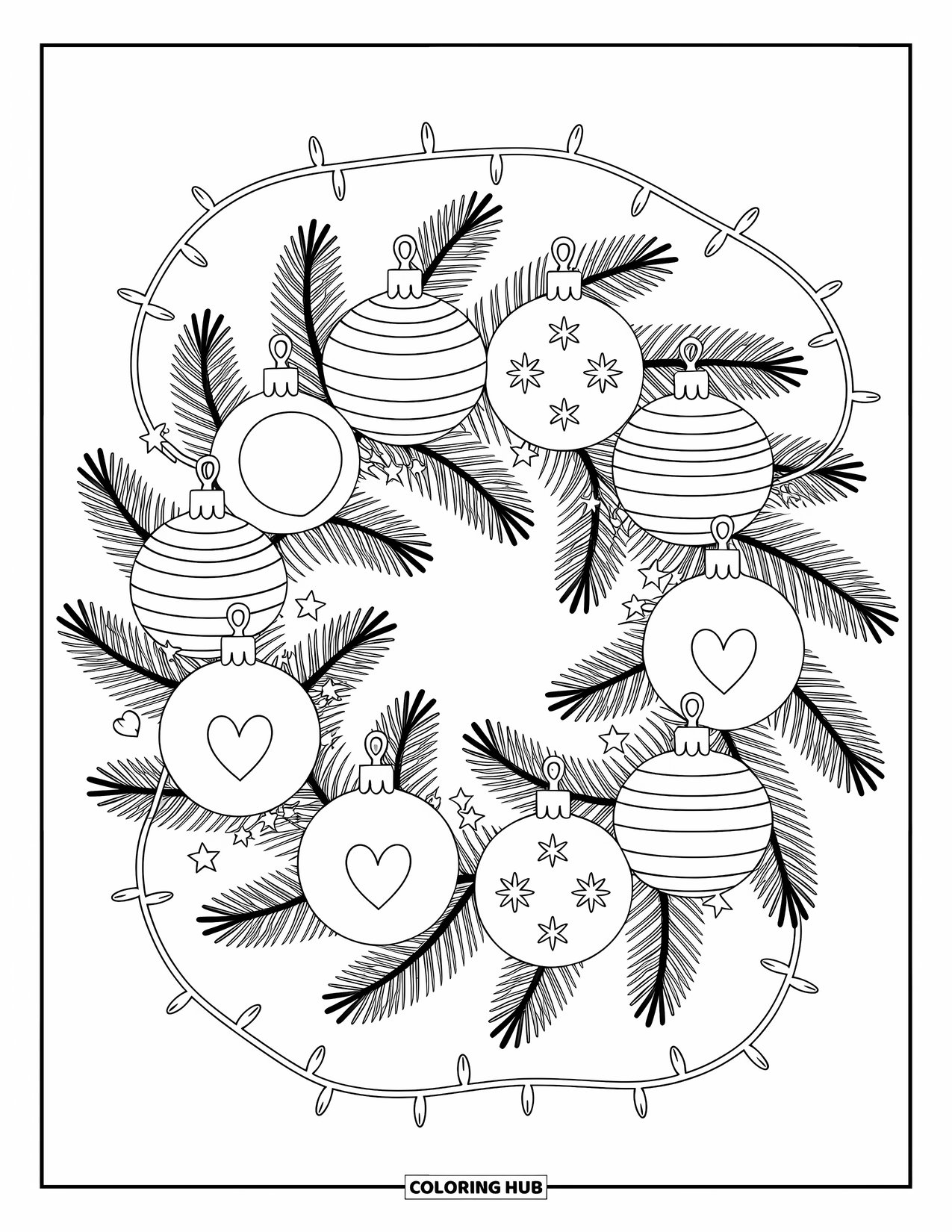 Christmas Wreath Coloring Page for Adults: A wreath of looping branches holds ornaments with playful designs and twinkling lights