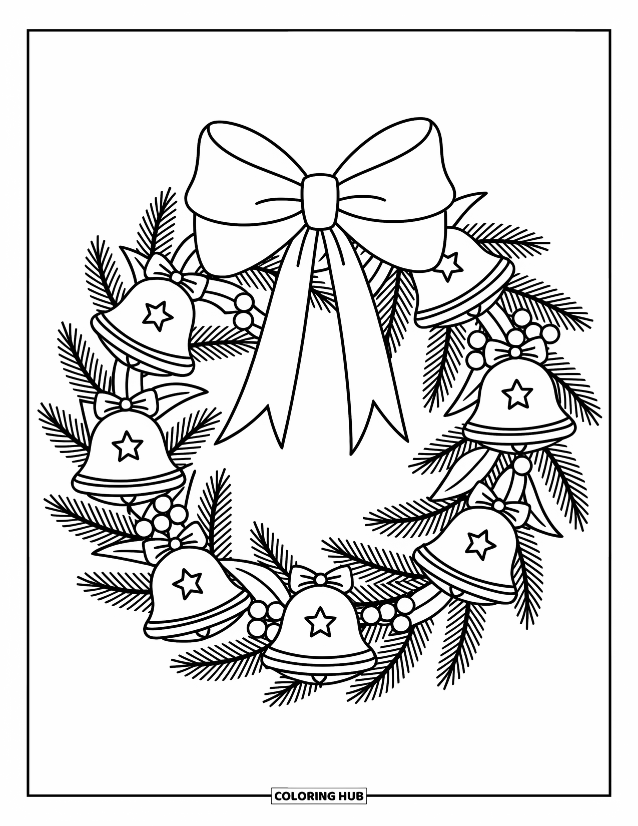 Christmas Wreath Coloring Page for Adults: A wreath of looping pine branches has star-cutout bells and a sweeping bow