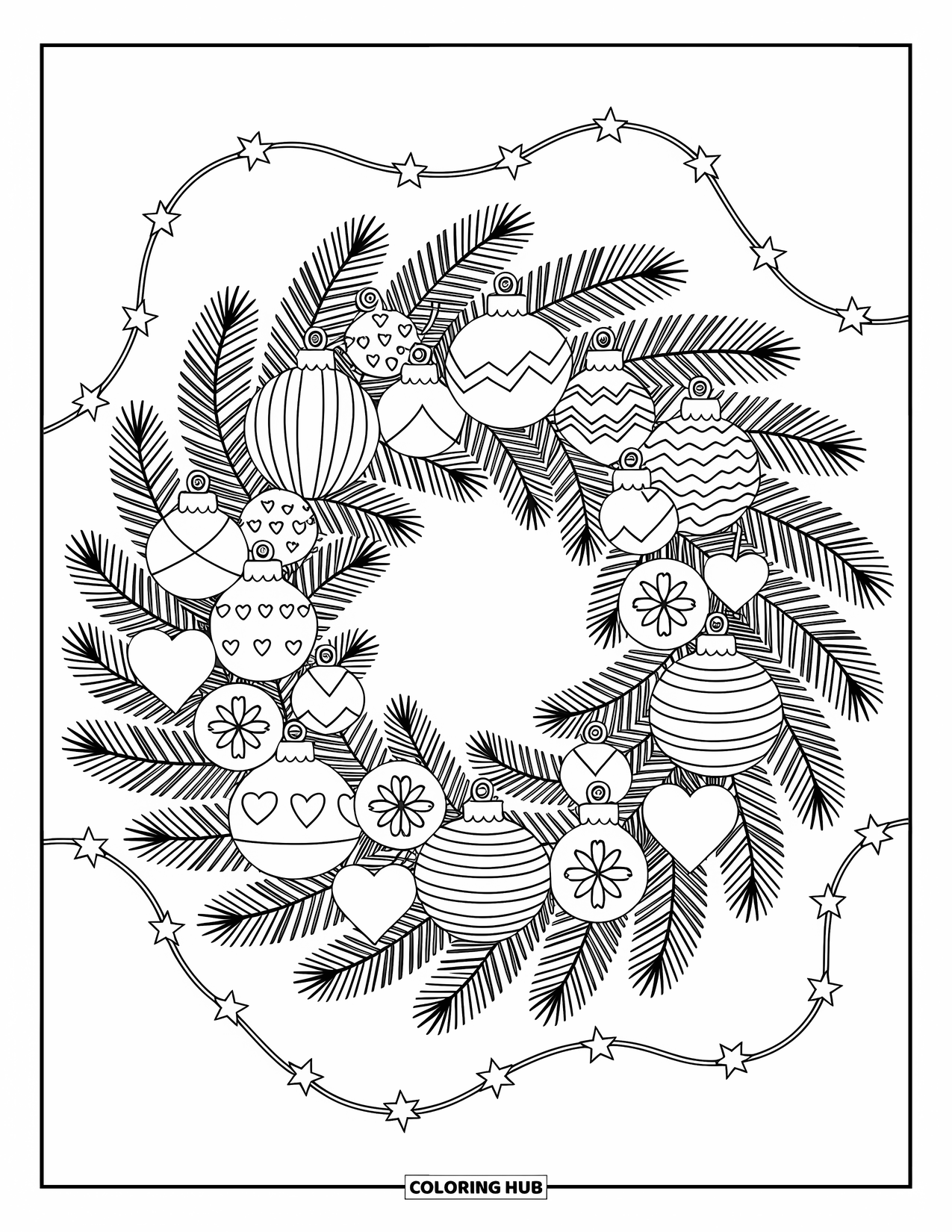 Christmas Wreath Coloring Page for Adults: A wreath of pine branches holds ornaments with stripes, polka dots, and snowflakes