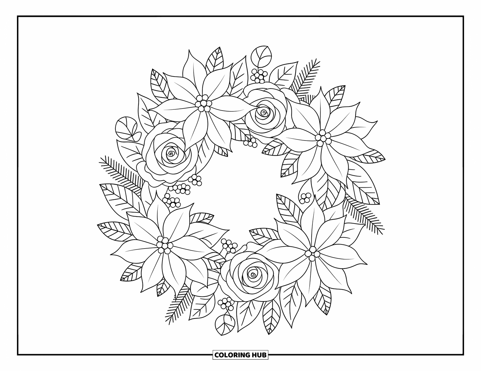 Christmas Wreath Coloring Page for Adults: A wreath of poinsettias, roses, and mistletoe sparkles with berries and ribbons