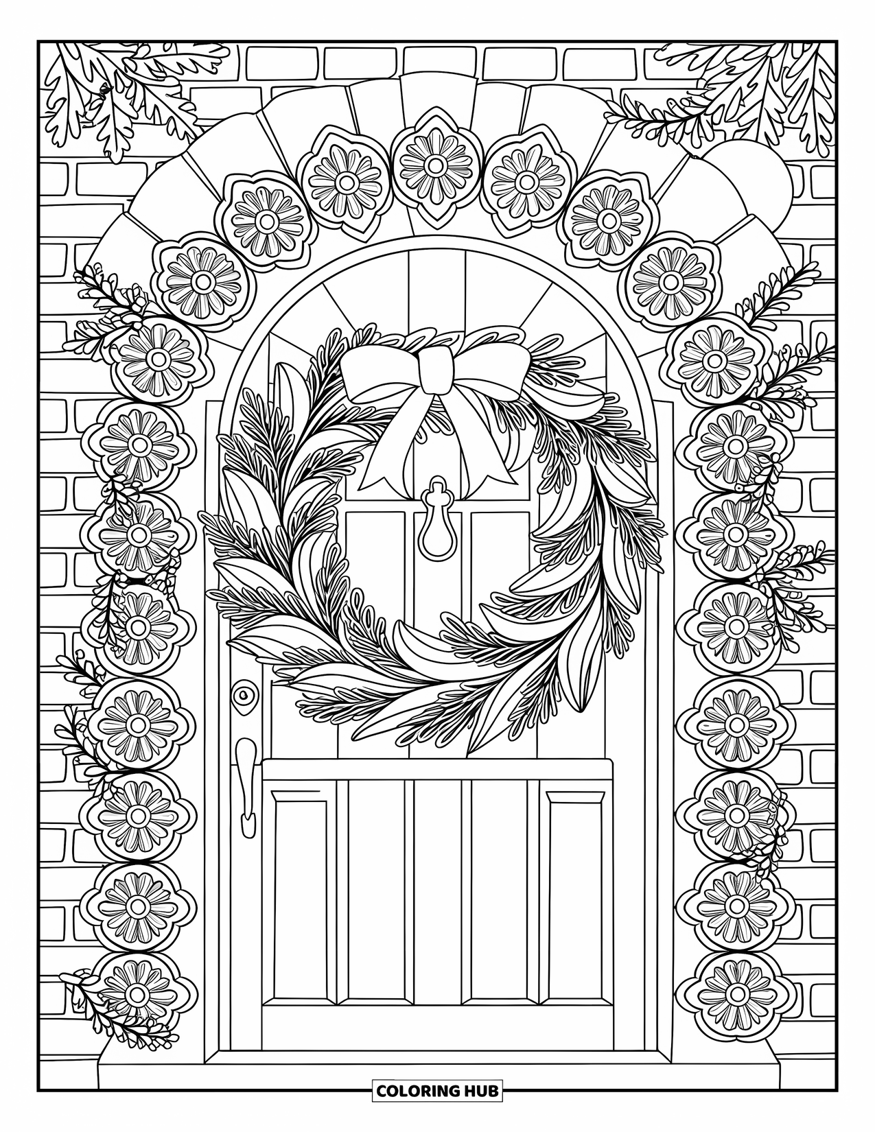 Christmas Wreath Coloring Page for Adults: A wreath with floral mandalas hangs on a door under a moonlit sky