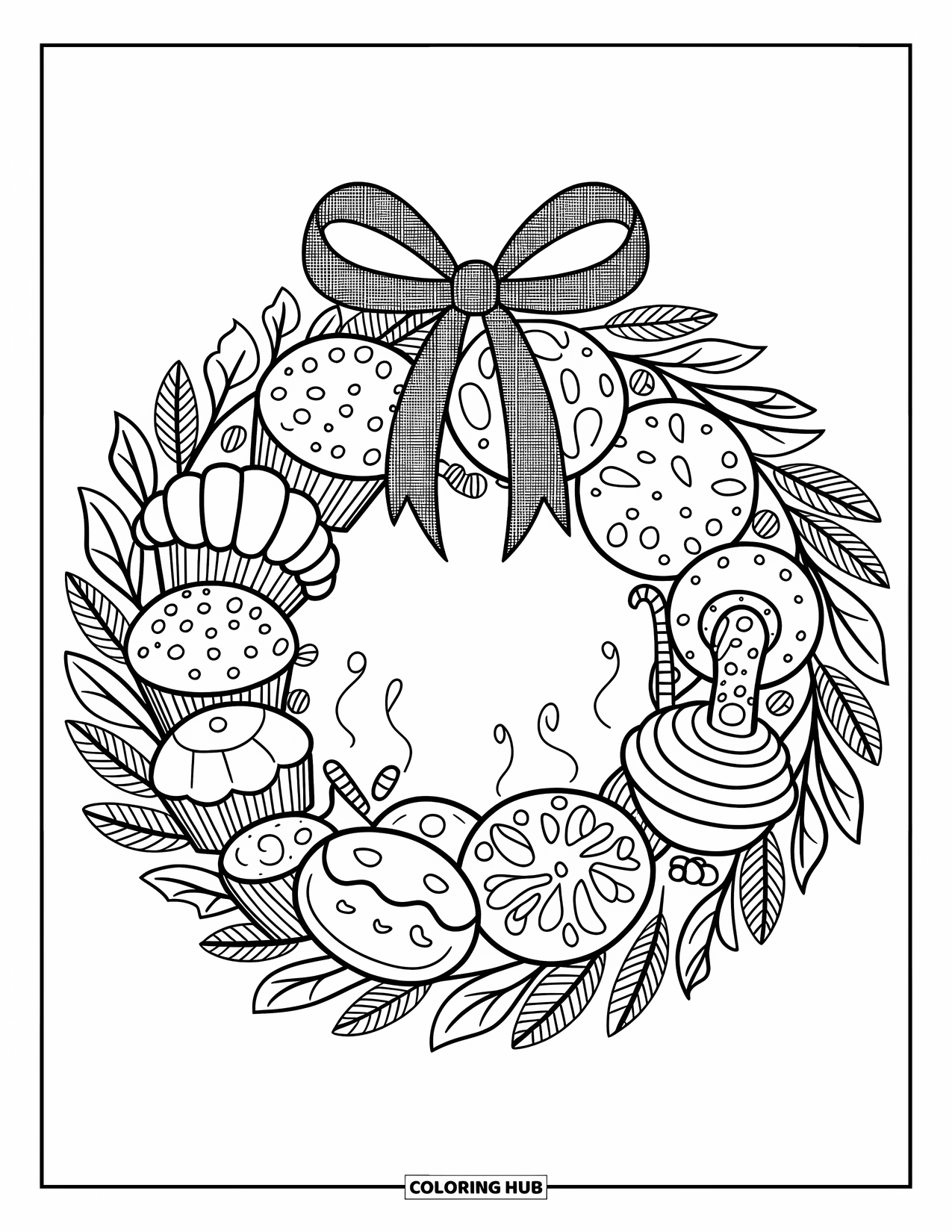 Christmas Wreath Coloring Page for Adults: Croissants, cupcakes, and cookies sit inside a festive wreath tied with a bow