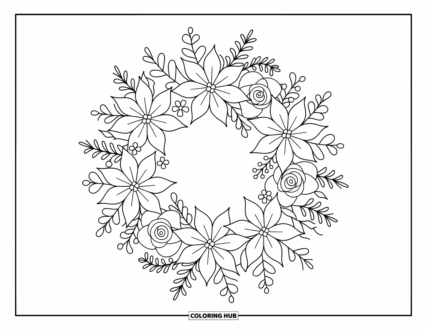 Christmas Wreath Coloring Page for Adults: Poinsettias, roses, and mistletoe form a festive wreath with ribbons and berries