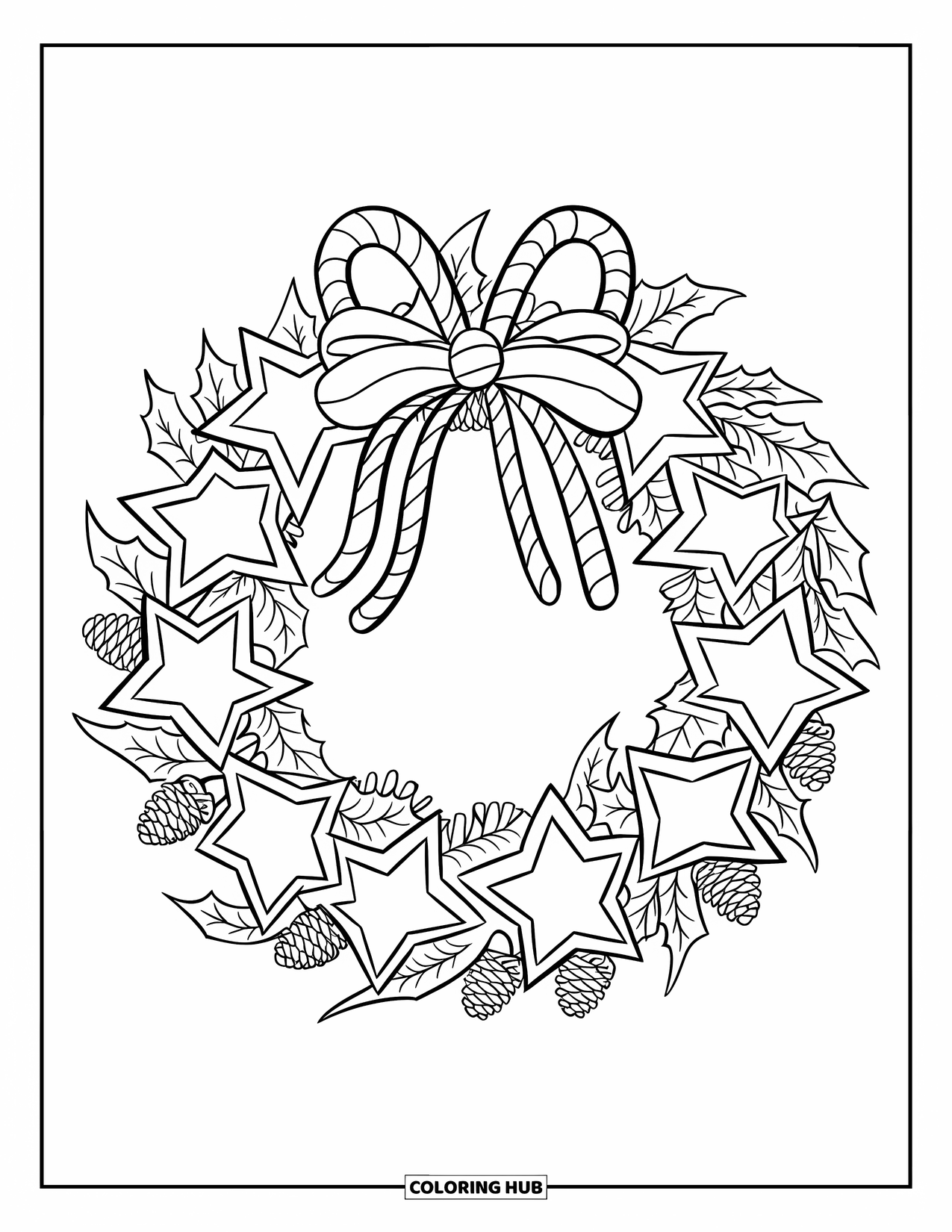 Christmas Wreath Coloring Page for Kids: A candy cane and star wreath is decorated with holly leaves and pinecones