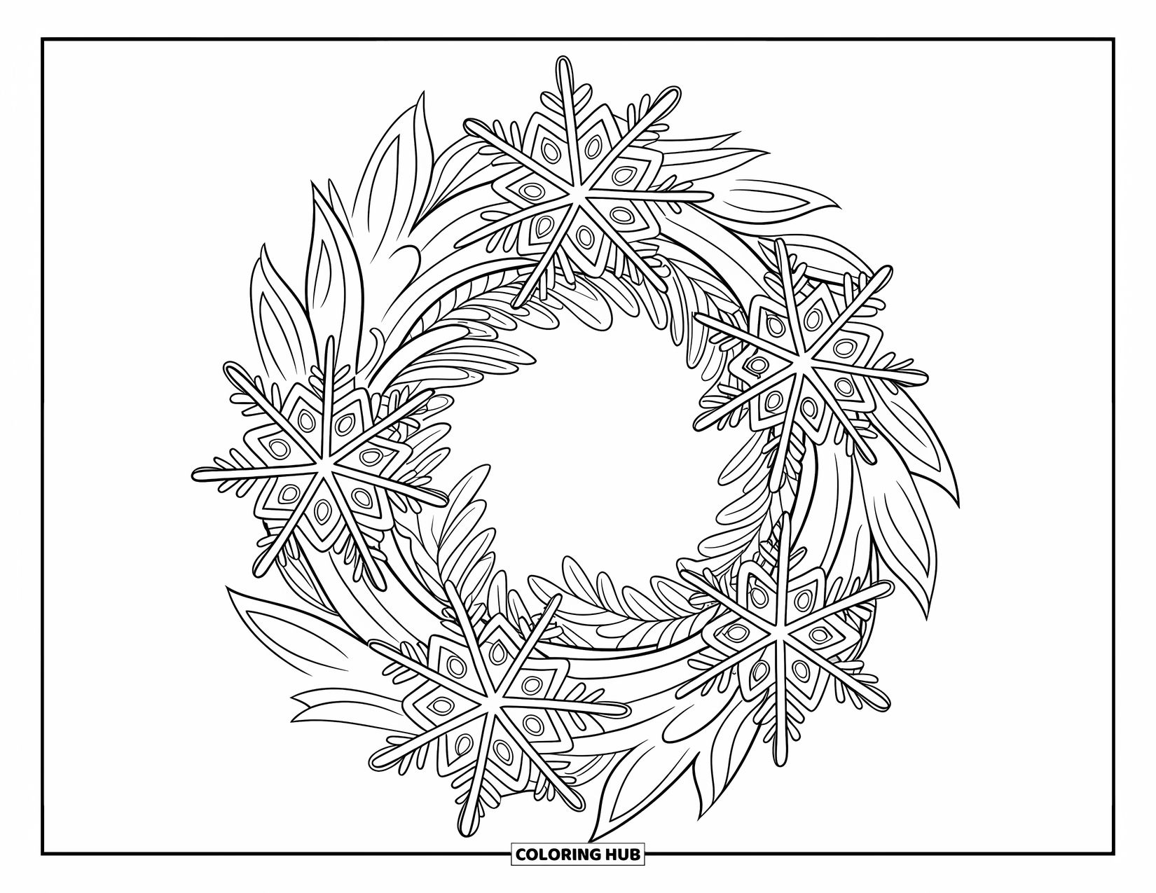 Christmas Wreath Coloring Page for Kids: A festive wreath of greenery and snowflakes is displayed on a wooden ring