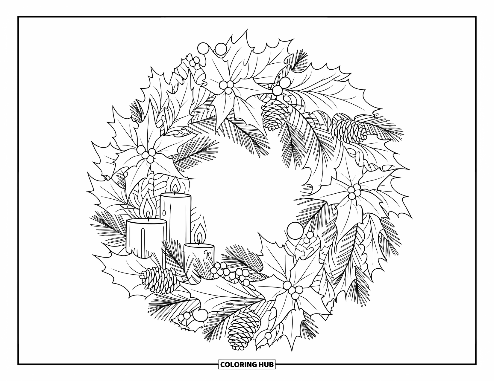 Christmas Wreath Coloring Page for Kids: A holiday wreath of holly, candles, and pinecones rests on a white background