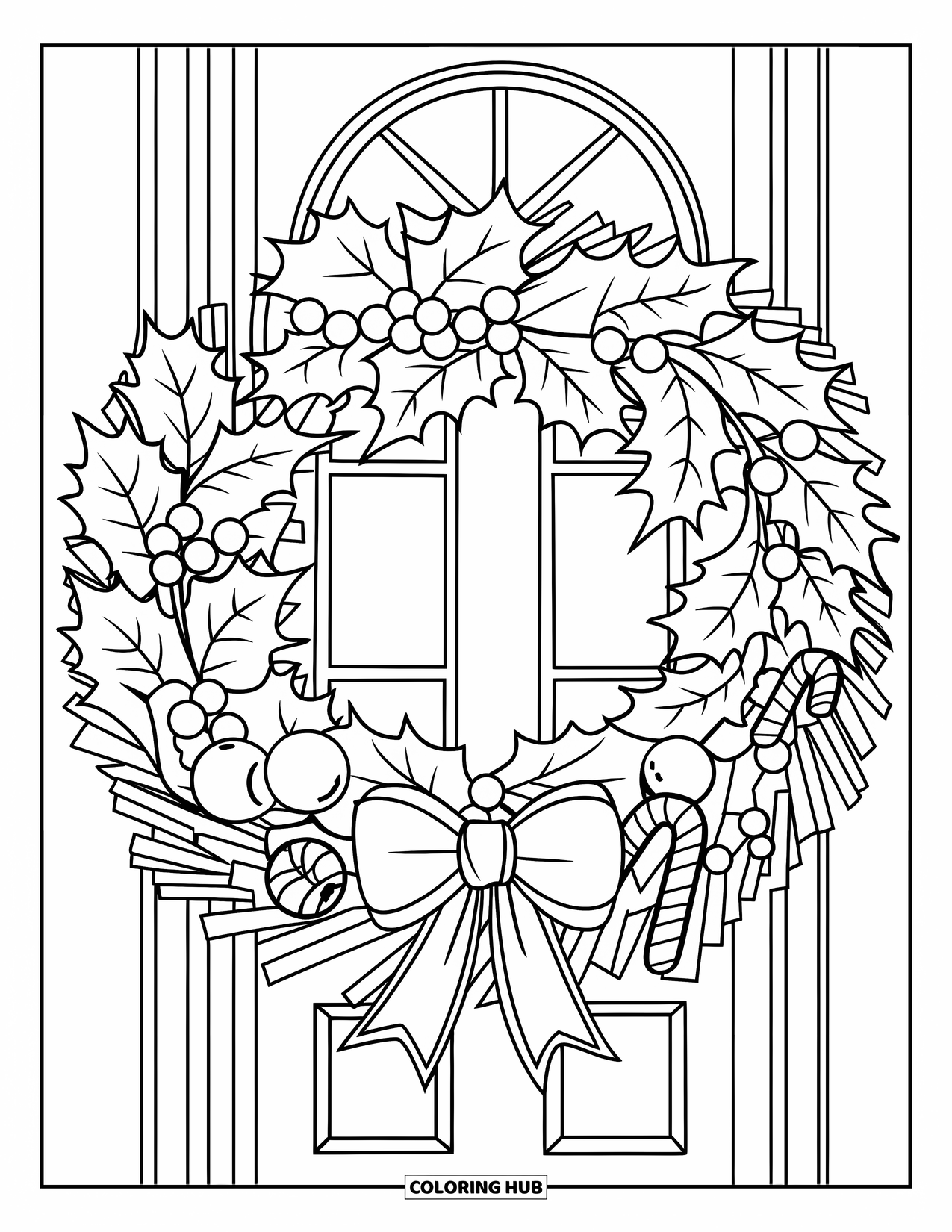 Christmas Wreath Coloring Page for Kids: A holly wreath with berries and ornaments hangs beside a window and door