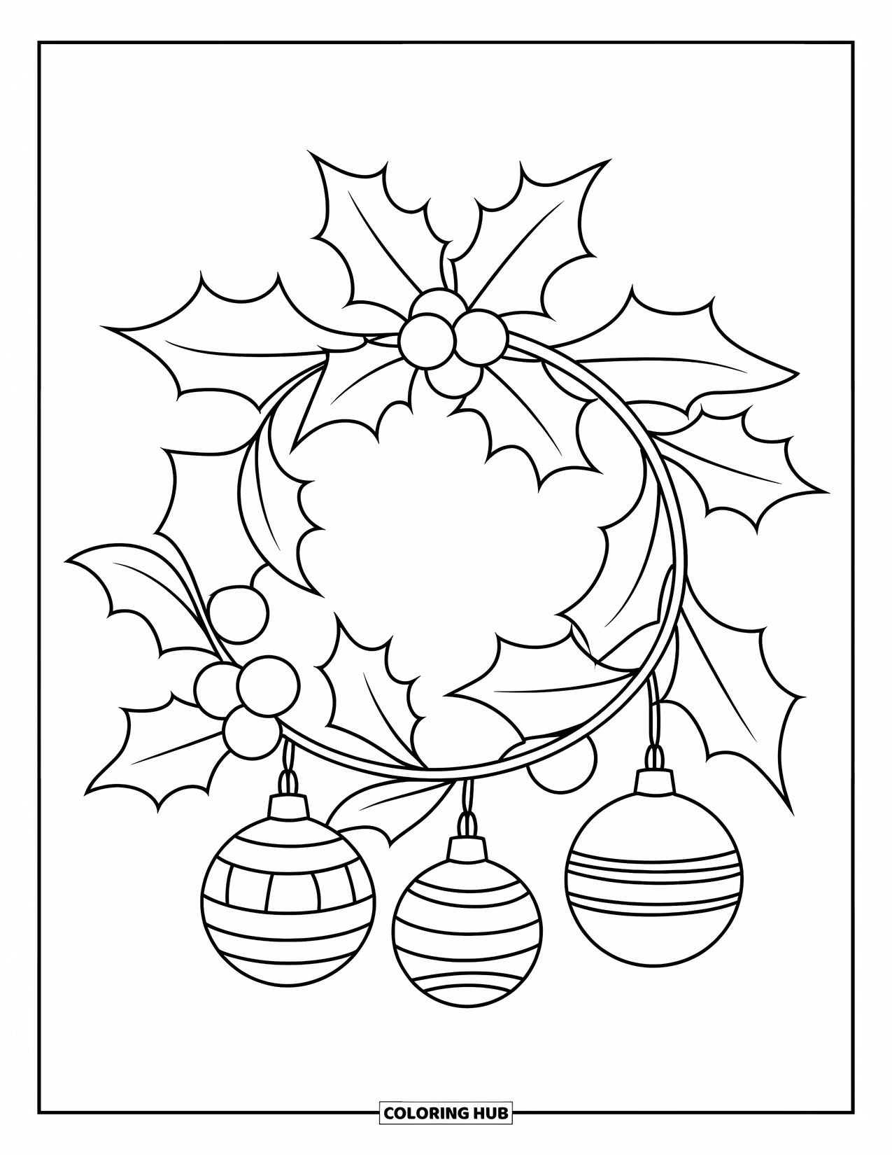 Christmas Wreath Coloring Page for Kids: A holly wreath with large berries and ornaments is simple for preschoolers