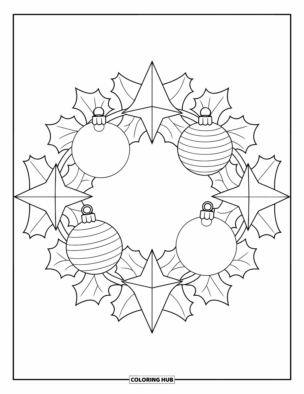 Christmas Wreath Coloring Page for Kids: A holly wreath with ornaments and heart-shaped leaves rests on a white background