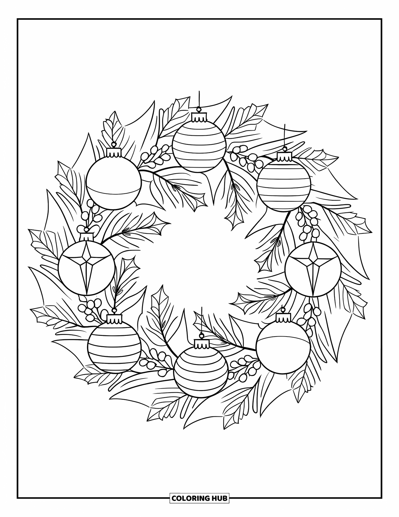 Christmas Wreath Coloring Page for Kids: A holly wreath with ornaments and stars sits on a plain white background
