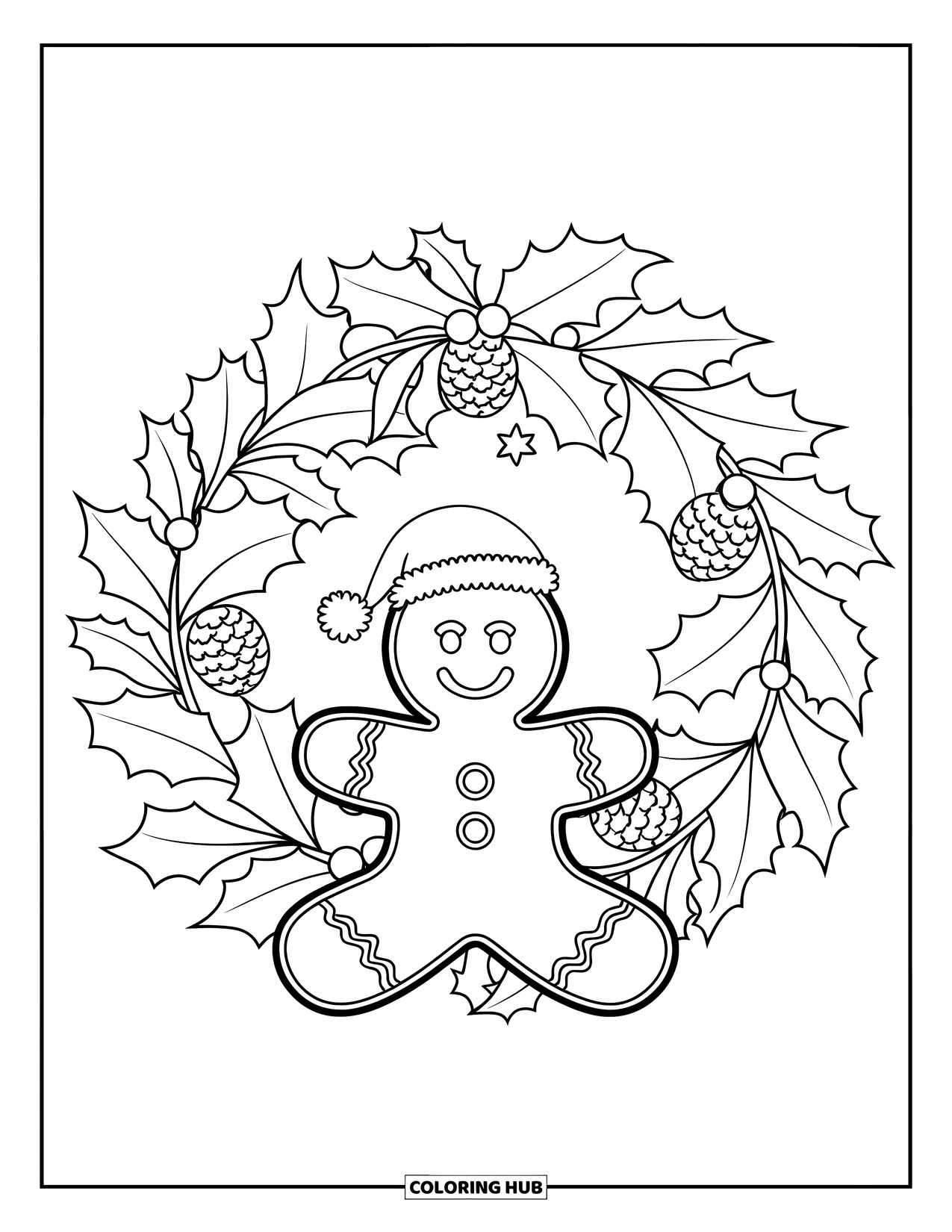 Christmas Wreath Coloring Page for Kids: A holly wreath with pinecones frames a gingerbread man in a festive hat
