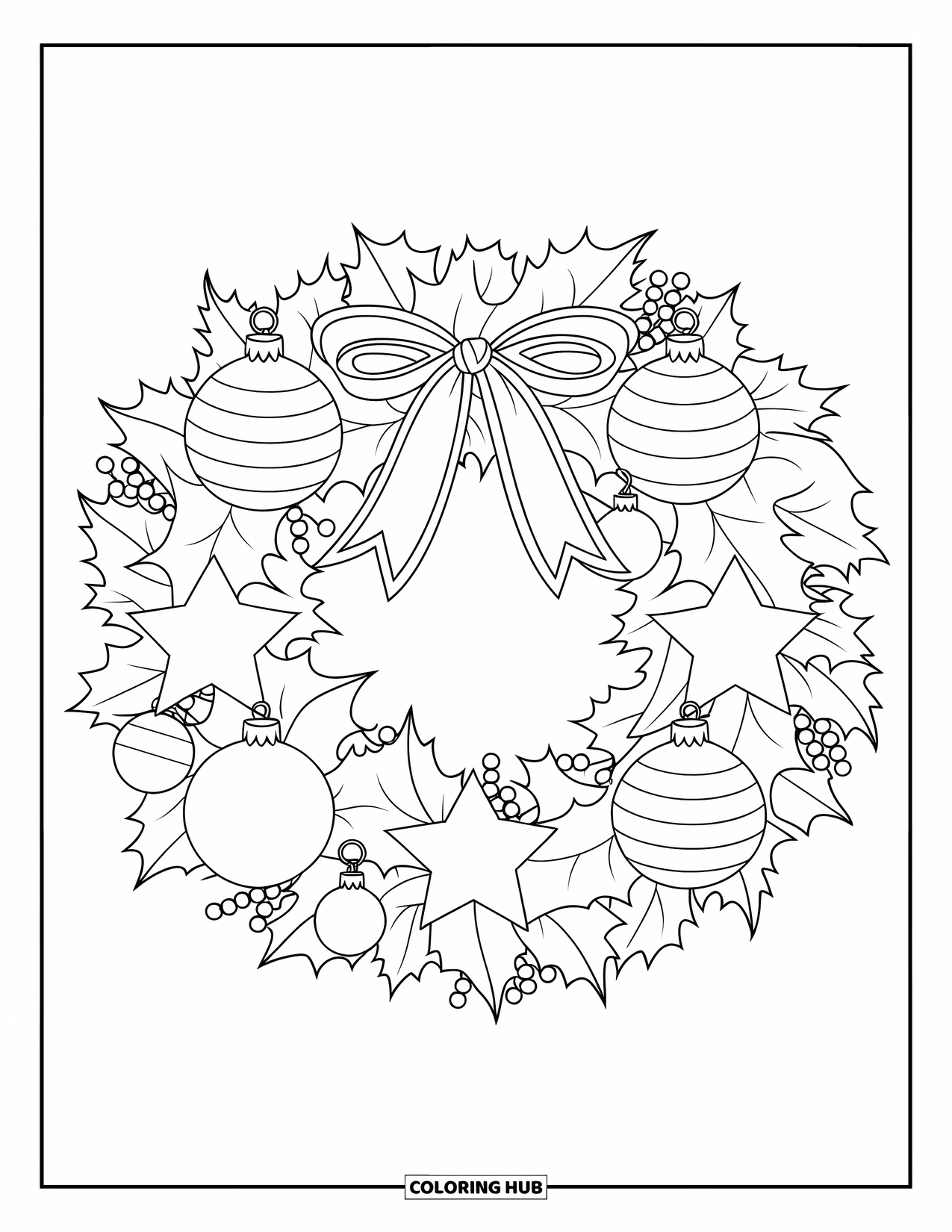Christmas Wreath Coloring Page for Kids: A holly wreath with stars and ornaments tied with ribbon hangs on a wall