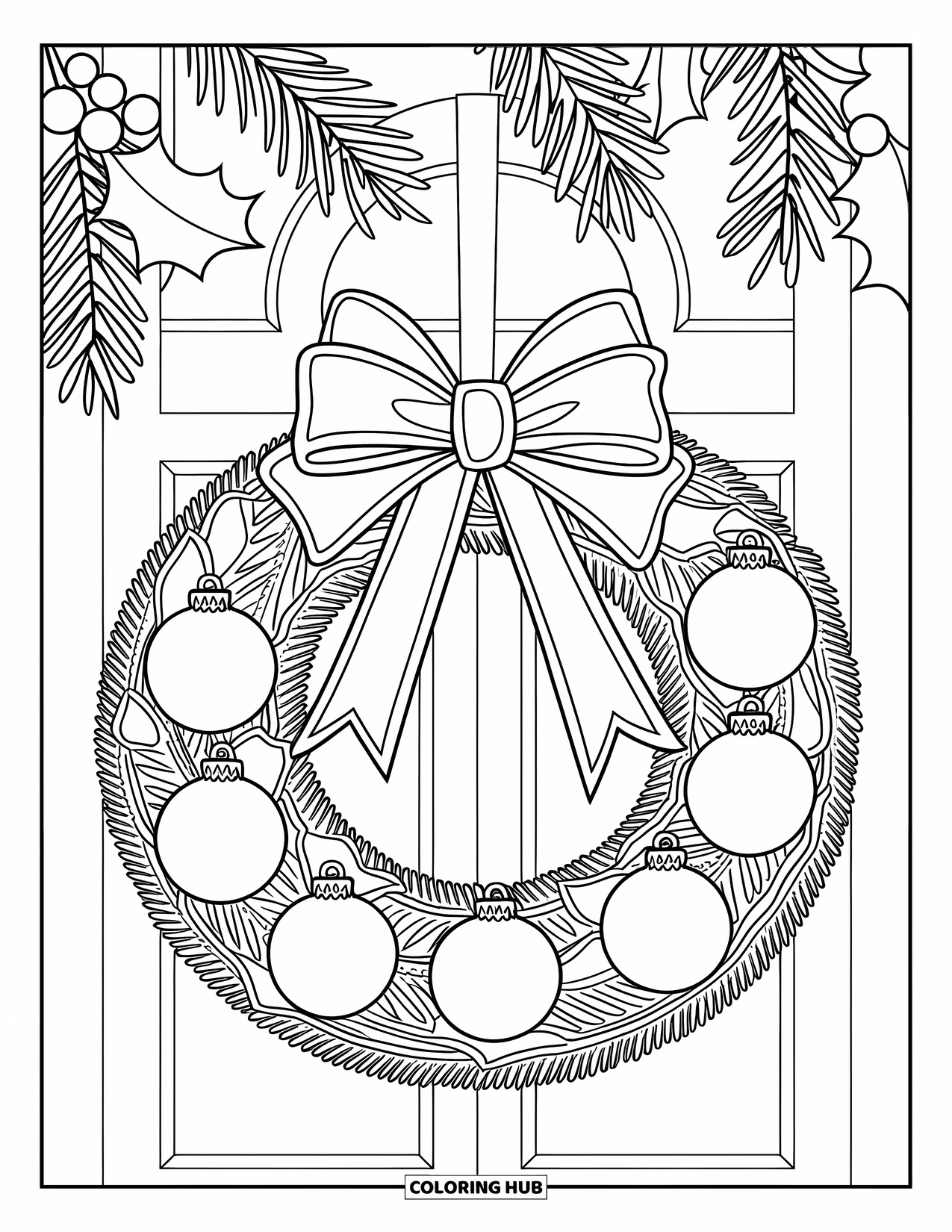 Christmas Wreath Coloring Page for Kids: A large wreath with ornaments and a bow sits plain on white