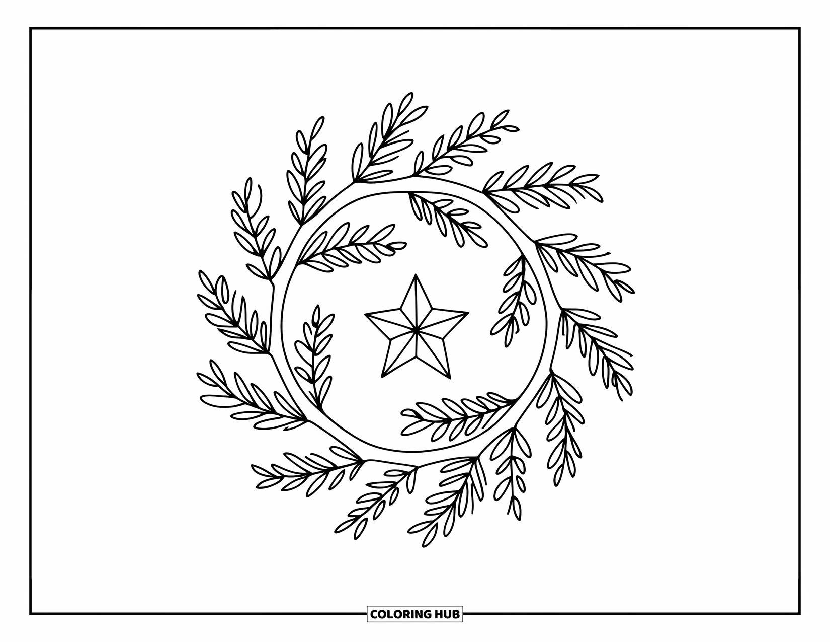 Christmas Wreath Coloring Page for Kids: A minimal wreath with twigs and a star is made for preschoolers