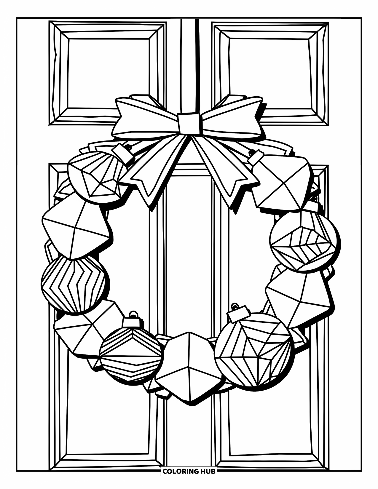 Christmas Wreath Coloring Page for Kids: A modern wreath with sharp ribbons and geometric ornaments hangs on a door