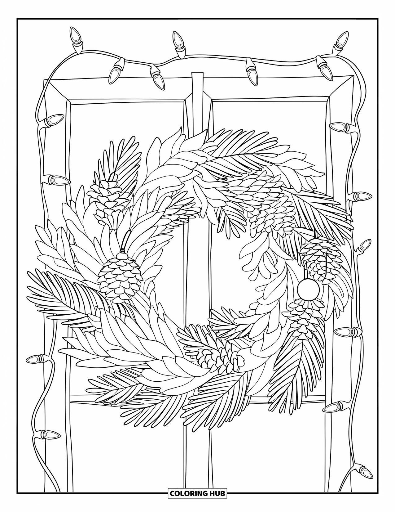 Christmas Wreath Coloring Page for Kids: A realistic wreath with pinecones and ornaments is displayed on a wooden frame