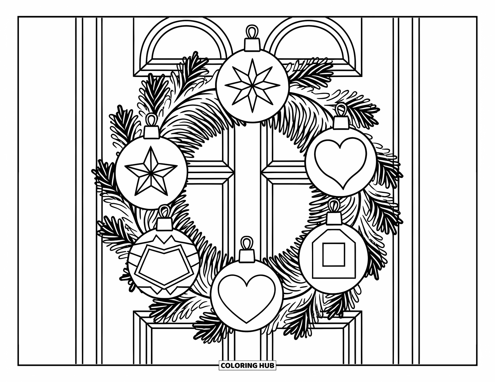 Christmas Wreath Coloring Page for Kids: A wreath of branches with ornaments in shapes of stars and hearts hangs indoors