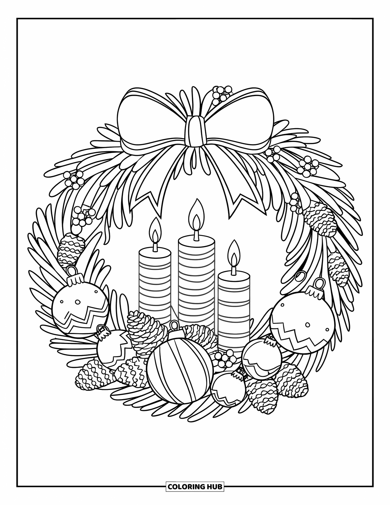 Christmas Wreath Coloring Page for Kids: A wreath of candles and pinecones tied with ribbon decorates a snowy scene