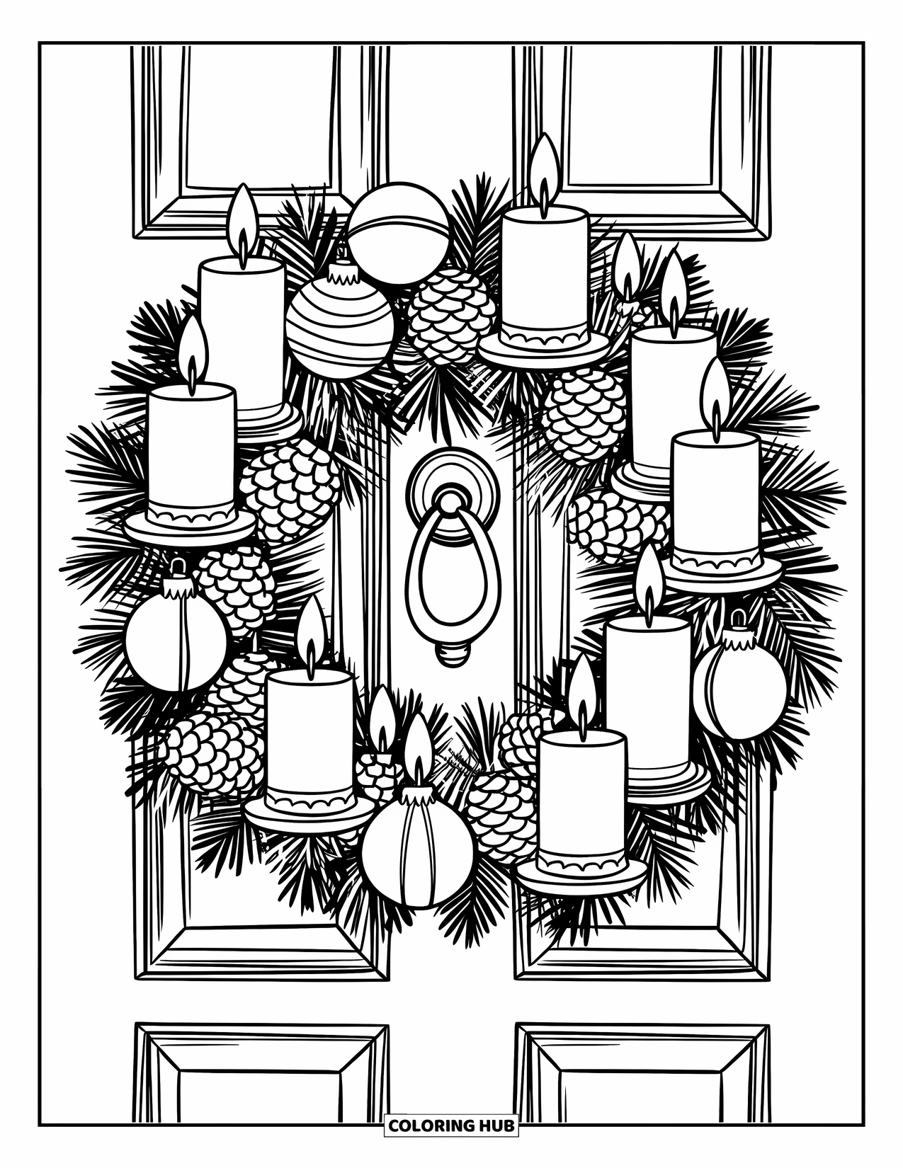 Christmas Wreath Coloring Page for Kids: A wreath of candles, pinecones, and ornaments hangs on a door with a knocker