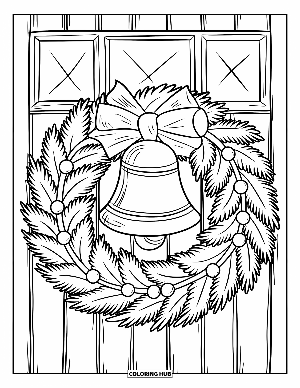 Christmas Wreath Coloring Page for Kids: A wreath of evergreen branches with a bell hangs on a wooden door
