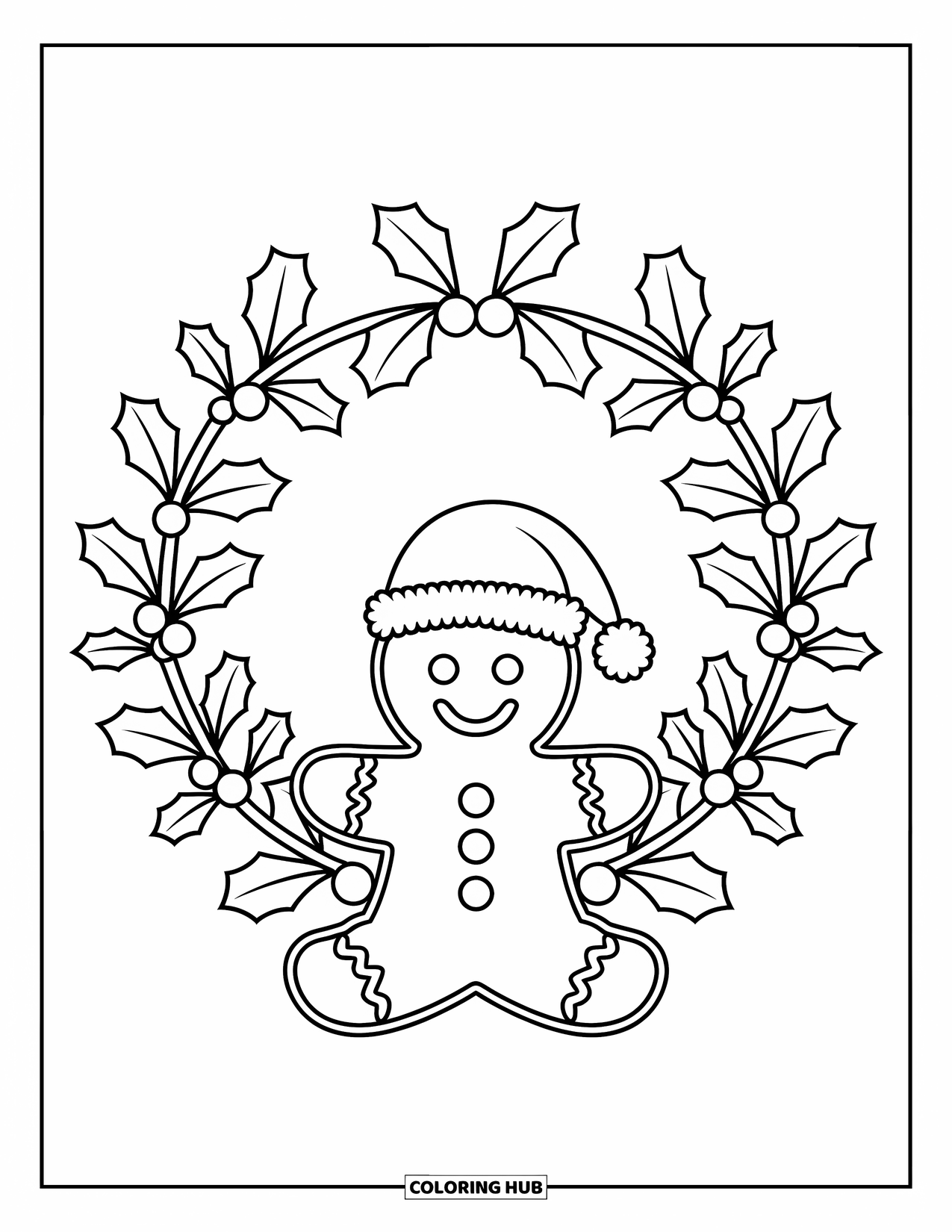 Christmas Wreath Coloring Page for Kids: A wreath of holly leaves surrounds a giant gingerbread man in a Santa hat