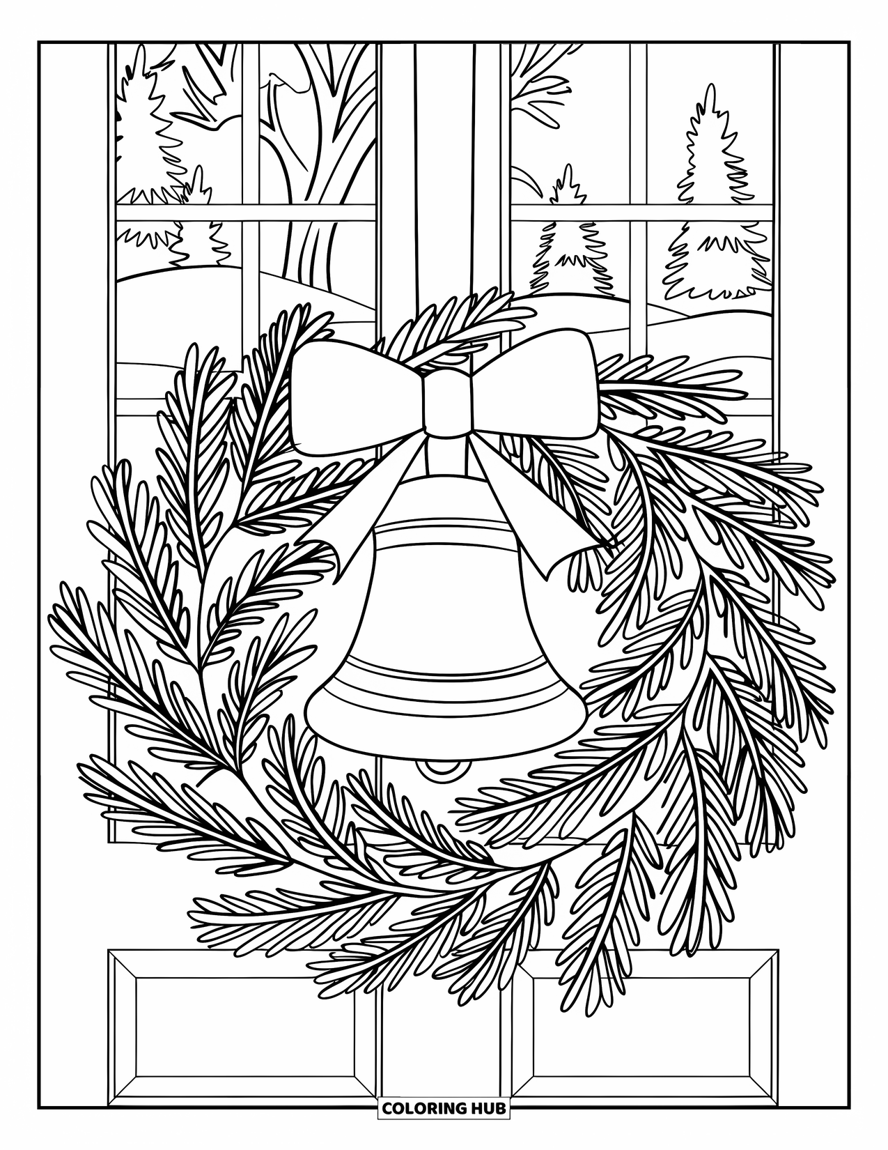 Christmas Wreath Coloring Page for Kids: A wreath with a big bell in the center decorates a snowy doorway