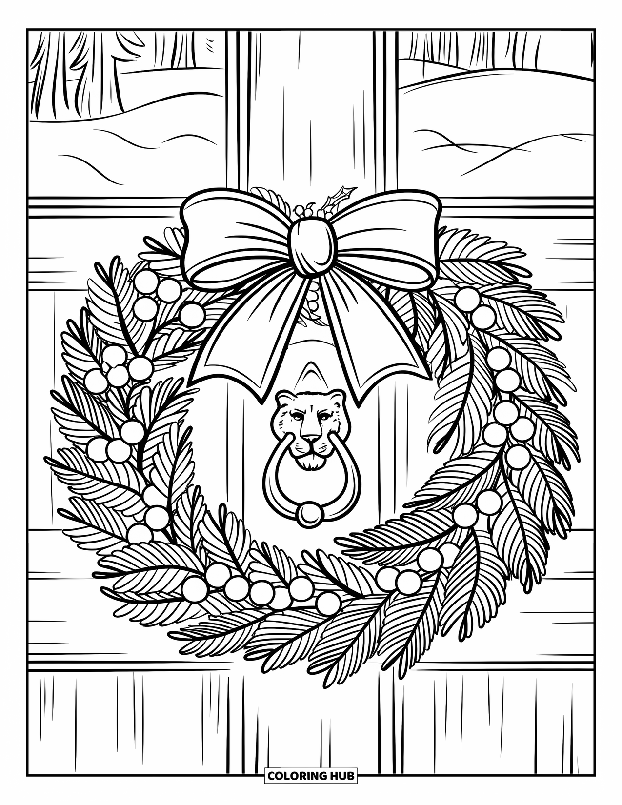 Christmas Wreath Coloring Page for Kids: A wreath with a big bow and berries hangs on a wooden door