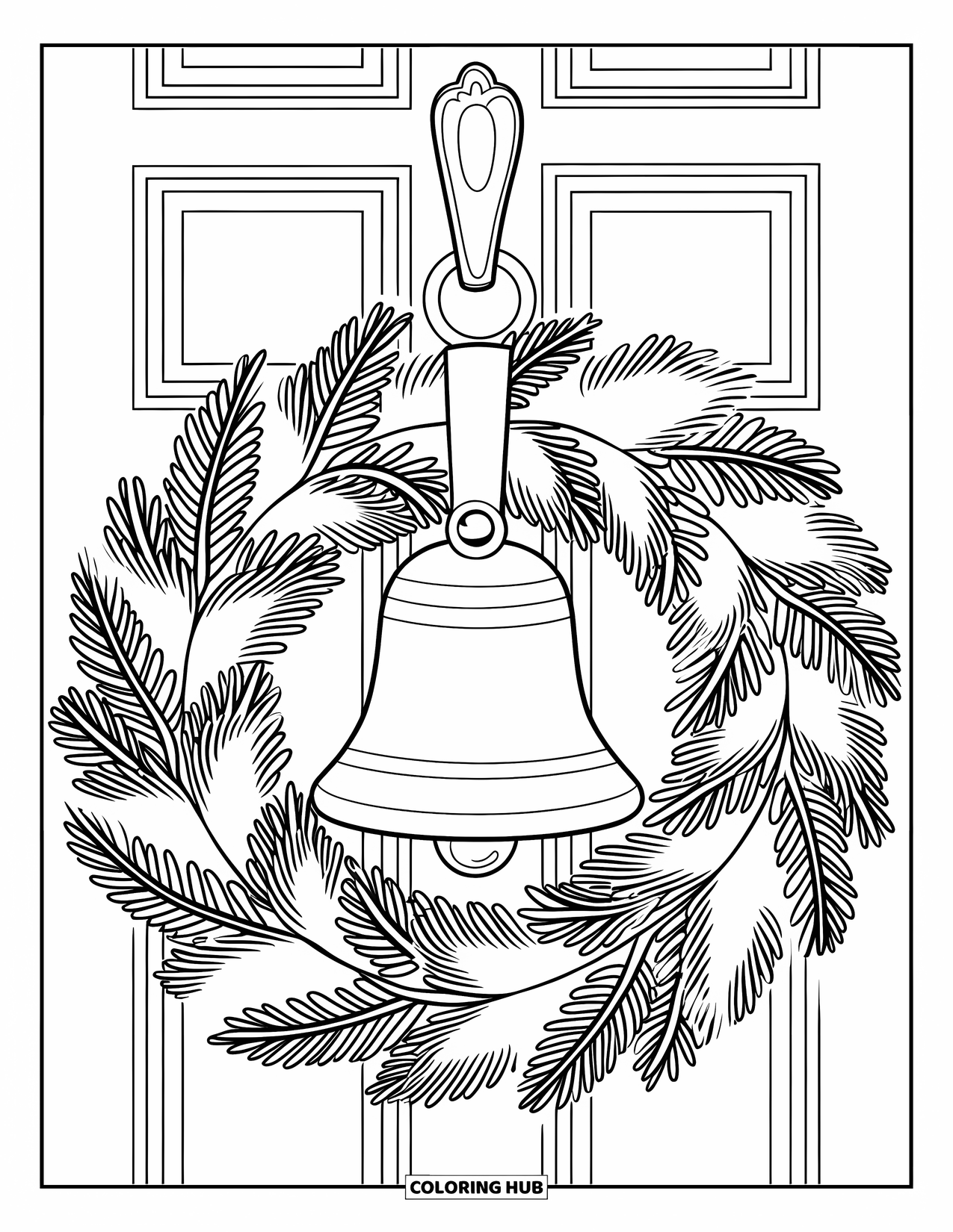 Christmas Wreath Coloring Page for Kids: A wreath with a large bell in the center hangs plain on white