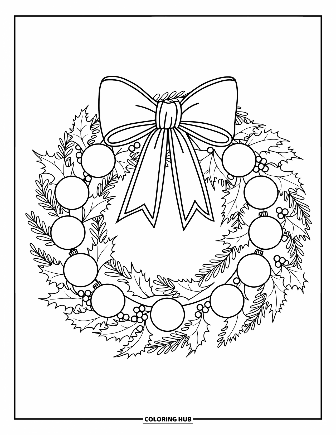 Christmas Wreath Coloring Page for Kids: A wreath with a large bow and ornaments decorates a clean white page