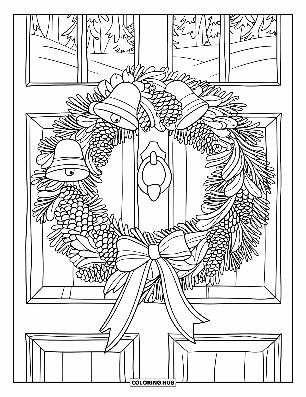 Christmas Wreath Coloring Page for Kids: A wreath with bells and ribbons hangs on a snowy wooden door