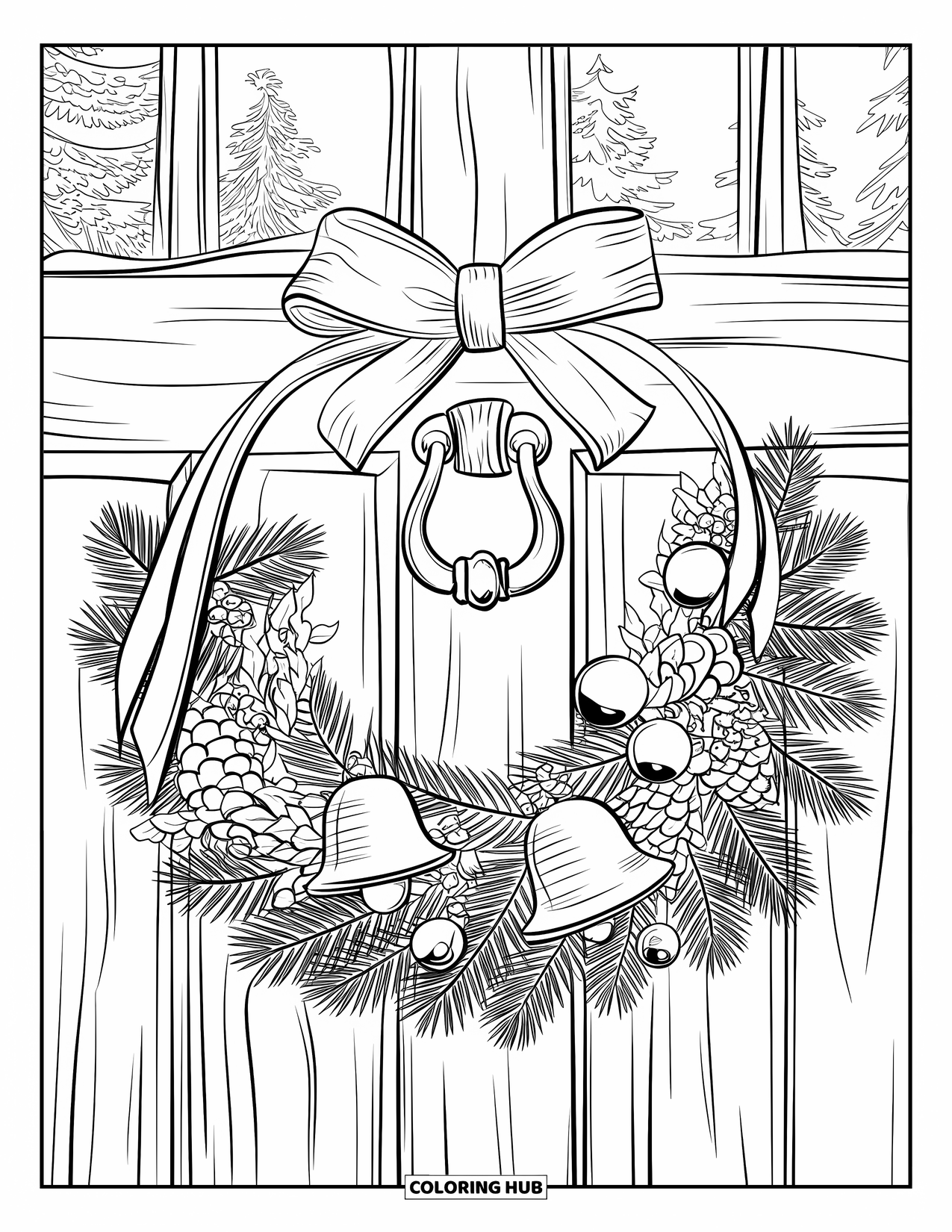 Christmas Wreath Coloring Page for Kids: A wreath with bells, ribbons, and pinecones hangs on a rustic lion-headed door